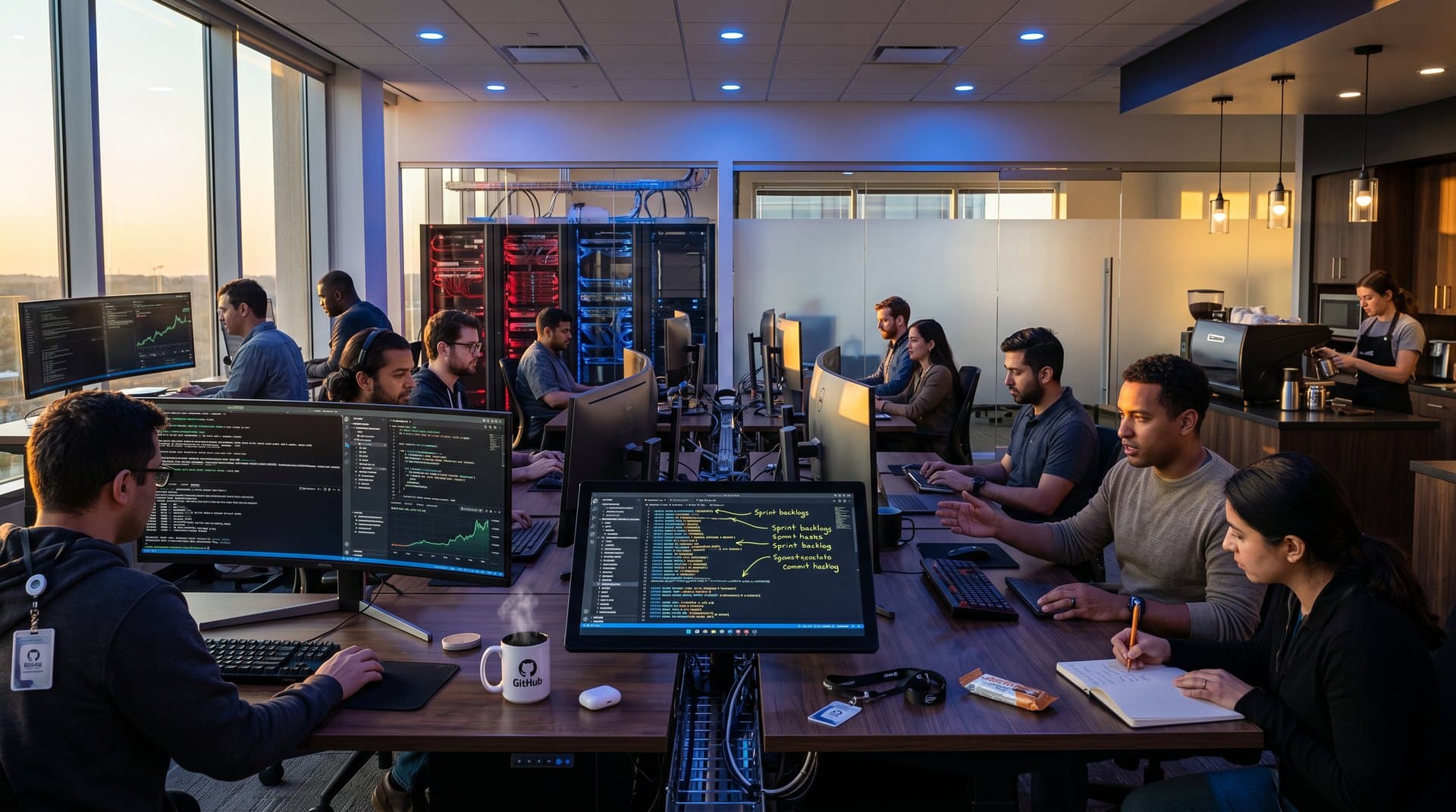 Tech lab with curved monitors showing Git repos, code diffs, blockchain graphs amid server racks and crypto charts on walnut desks