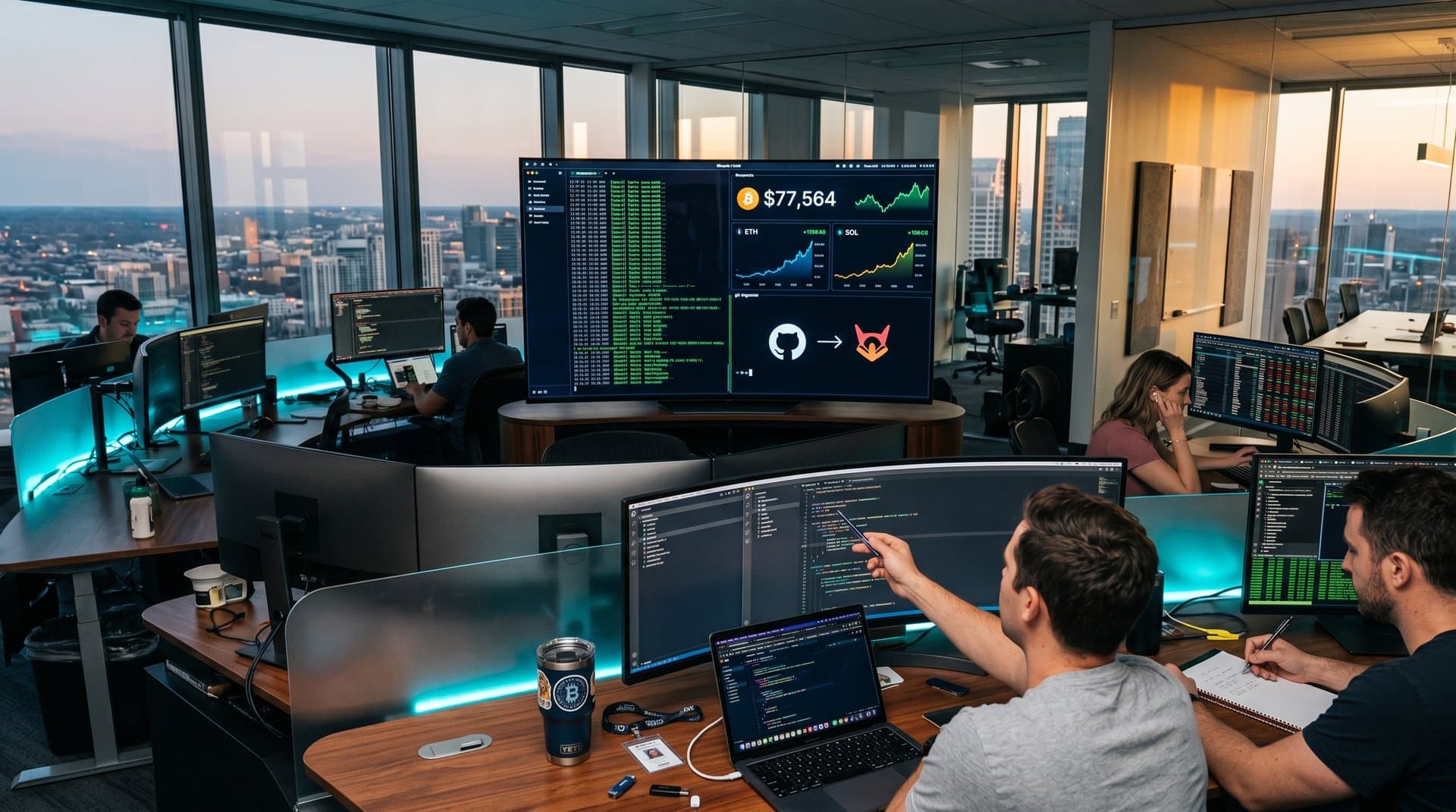 Futuristic Ghostty terminal window showing code and crypto prices during GitHub migration animation