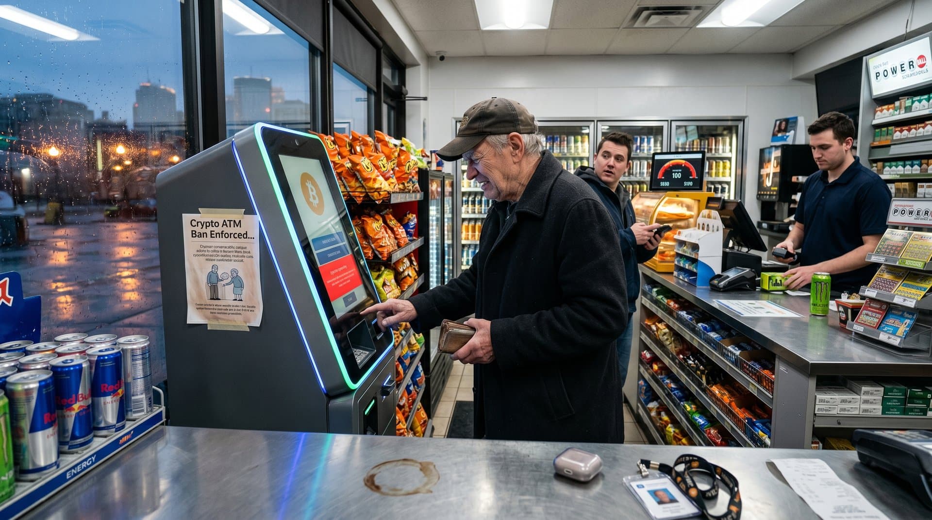 Crypto ATM kiosk in Minnesota convenience store displaying Bitcoin fees, regulatory ban signs, market ticker with BTC at $77K, abstract elderly silhouette