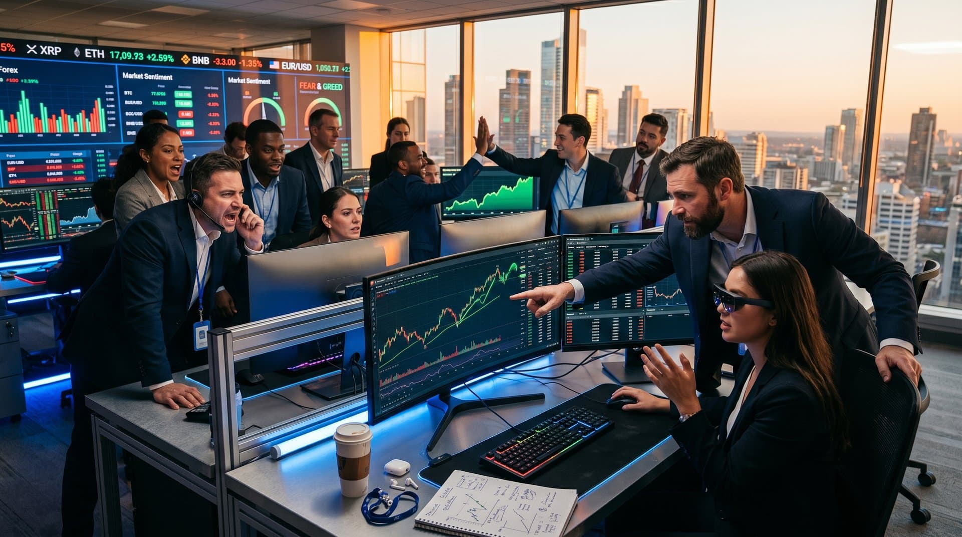 Traders on modern floor with monitors showing BTC $77K and ETH charts, CFD data on screens amid city skyline
