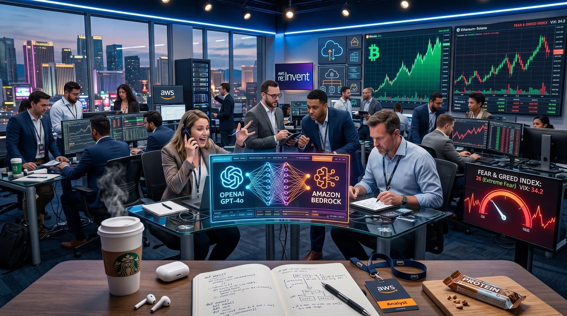 Digital neural networks and cloud icons merging, OpenAI GPT connecting to Amazon Bedrock dashboard with Bitcoin charts in background