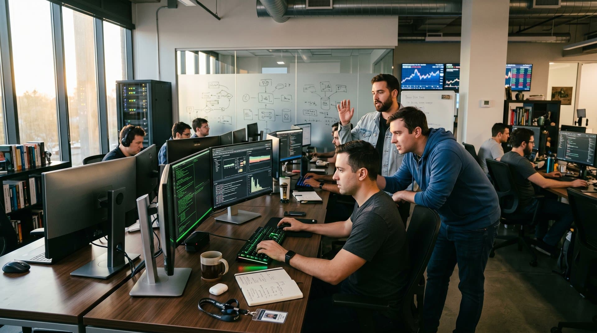 Modern dev workspace with terminals, AI code, Warp branding, and crypto charts in high-tech office