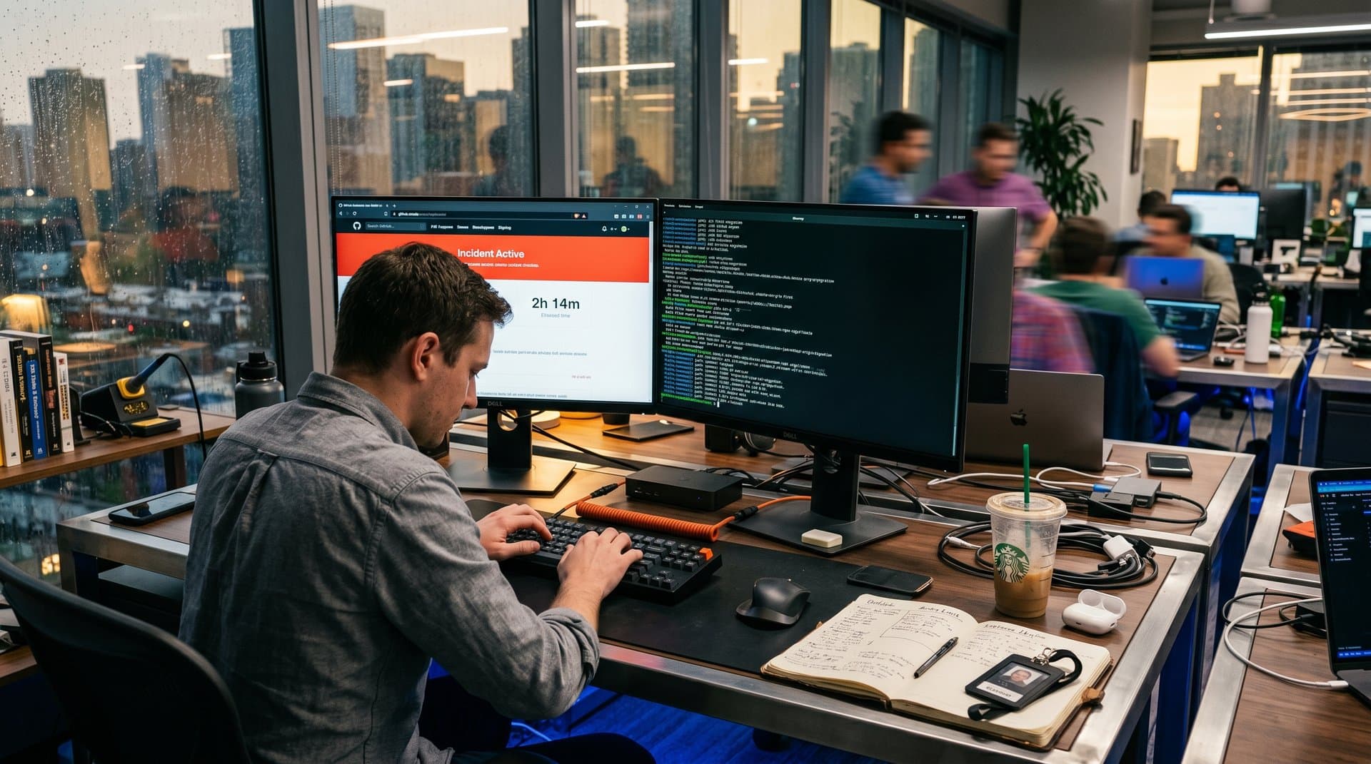 Developer setup showing GitHub outage on one monitor and Ghostty terminal on the other, highlighting shift from centralized hosting