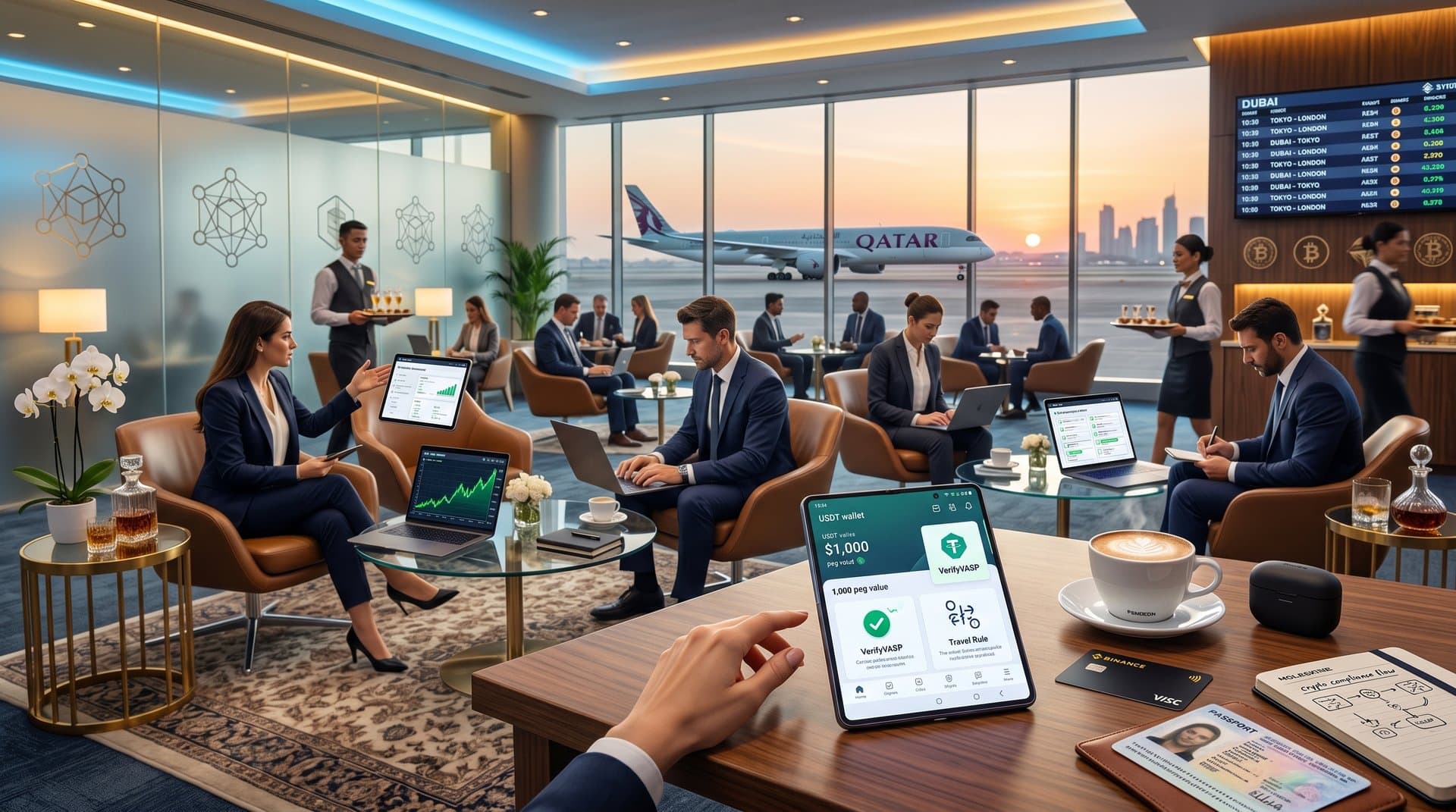 Traveler checks crypto wallet on foldable phone in Qatar Airways Al Safwa lounge amid executives, luxury seating, and flight screens