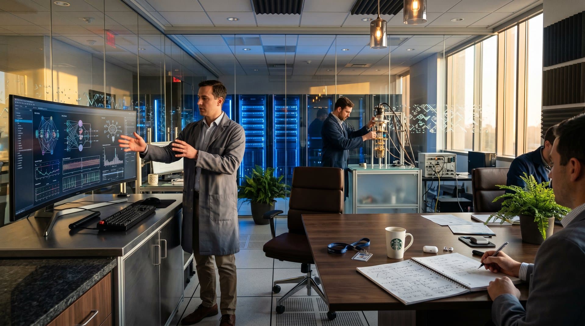 High-tech lab with quantum probe models, monitors showing qubit and AI visuals, holographic circuits, servers, and modern workstations under natural light