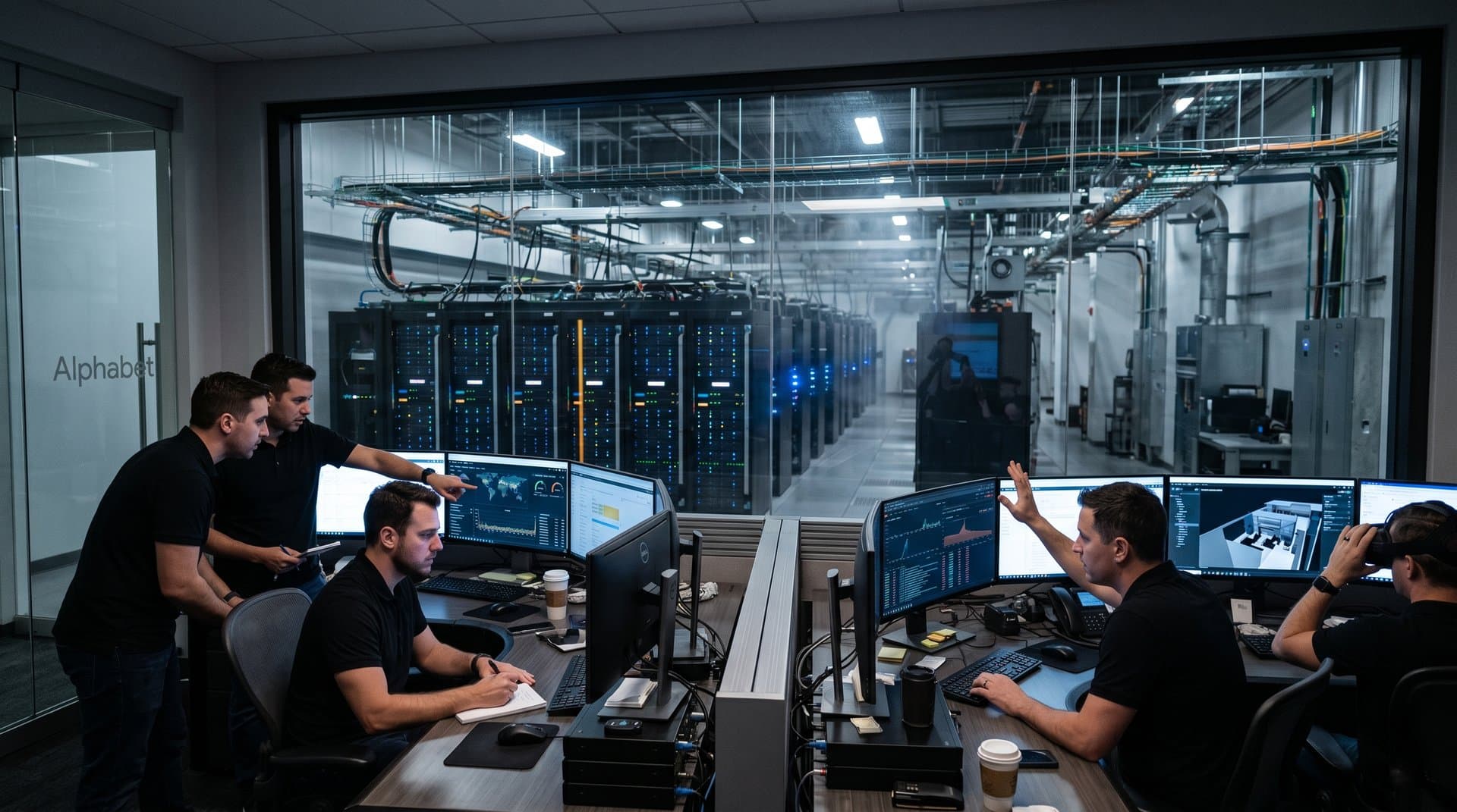 Google Cloud data center with AI charts, revenue graphs, and crypto tickers in high-tech control room