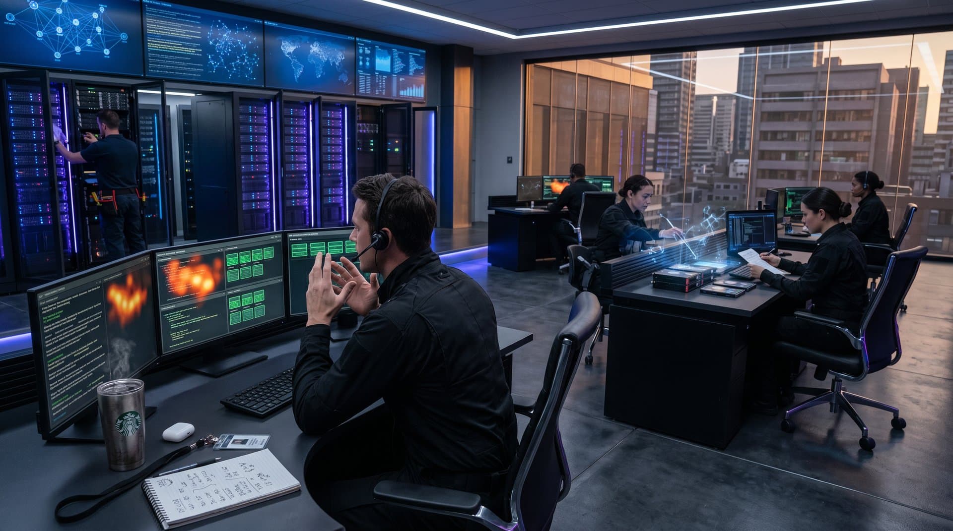 Futuristic dispatch center screens show AI 911 transcriptions, blockchain ledgers, and crypto charts in high-tech setup