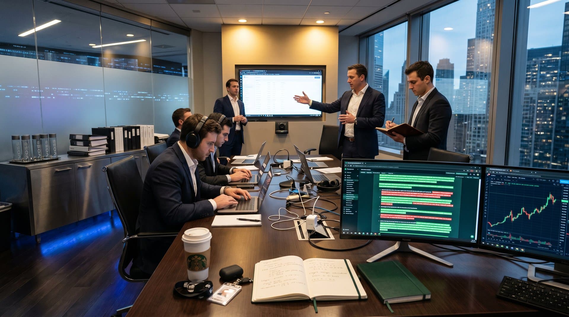 Professionals review AI-annotated contracts and BTC charts on monitors in modern finance-tech office