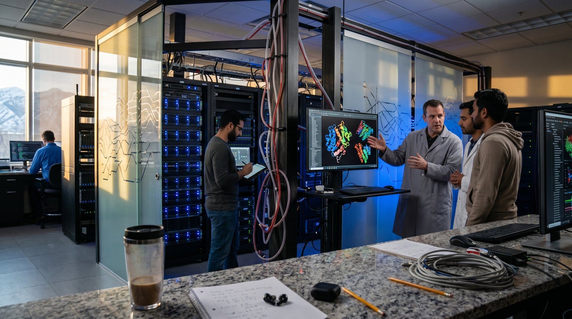 Engineers monitor glowing GPU server racks and AI health data screens in Utah's modern Tier IV data center with mountain view