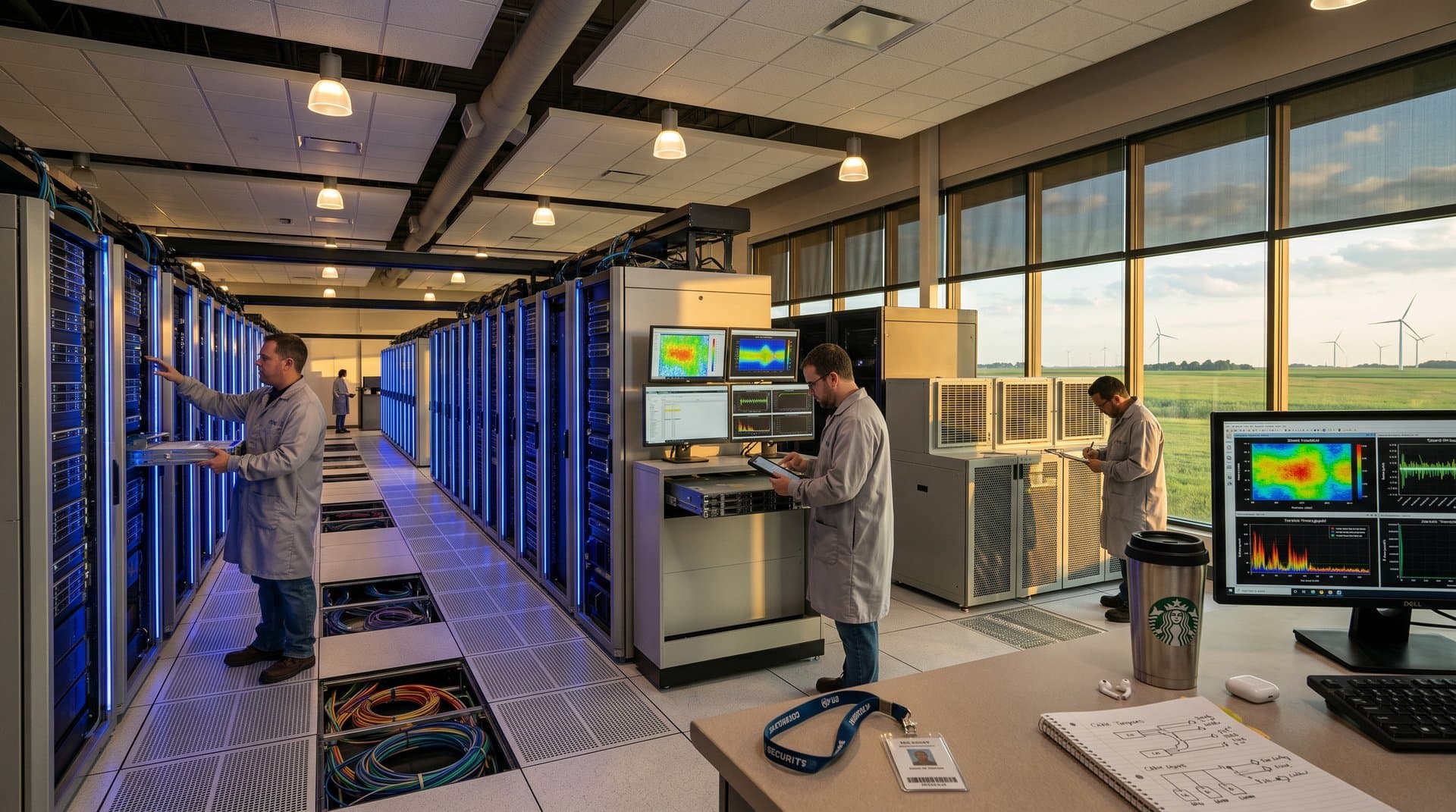 Glowing server racks and monitoring consoles in a high-tech Midwest data center with views of wind turbines