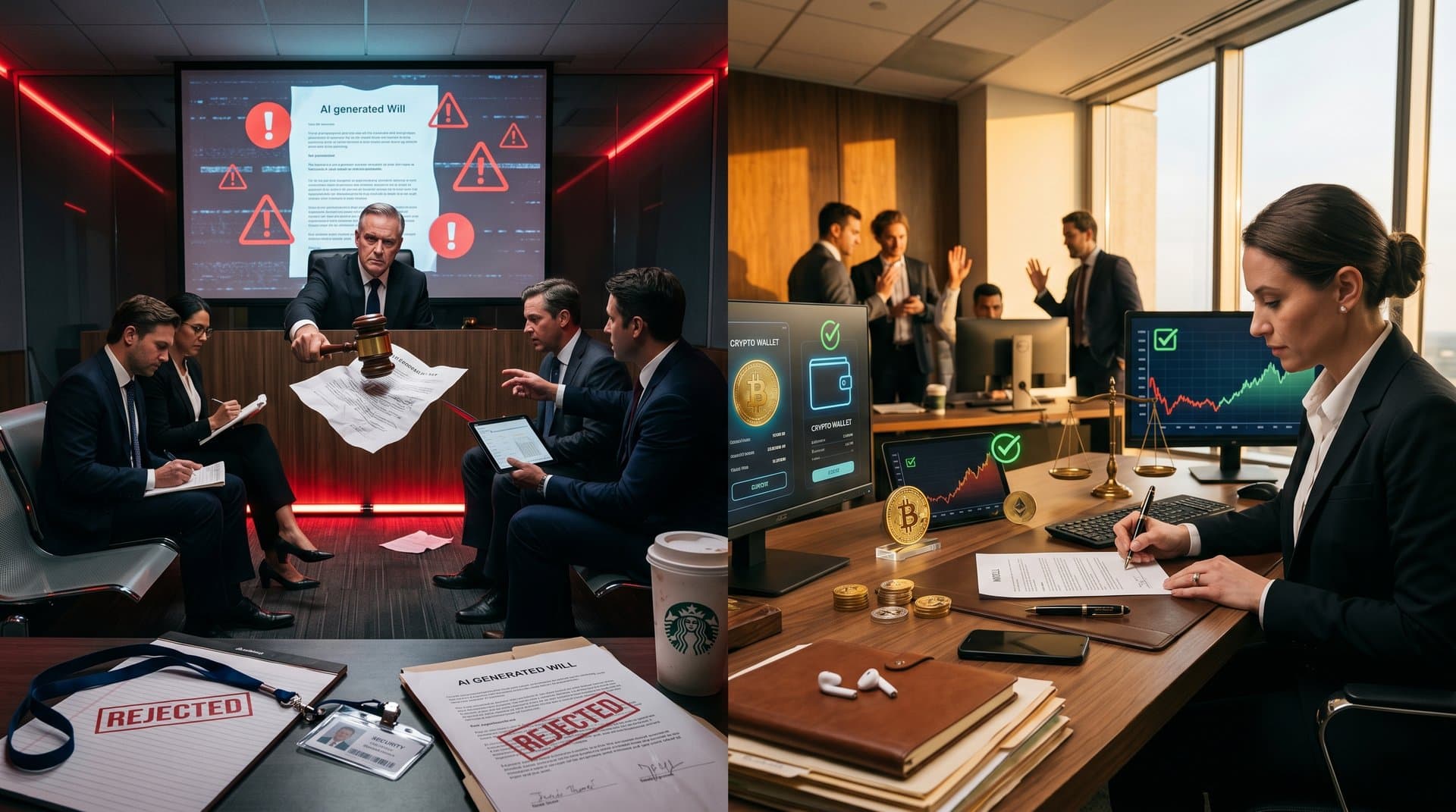 Abstract illustration of rejected AI will in courtroom versus secure crypto estate plan on desk with gavel and charts