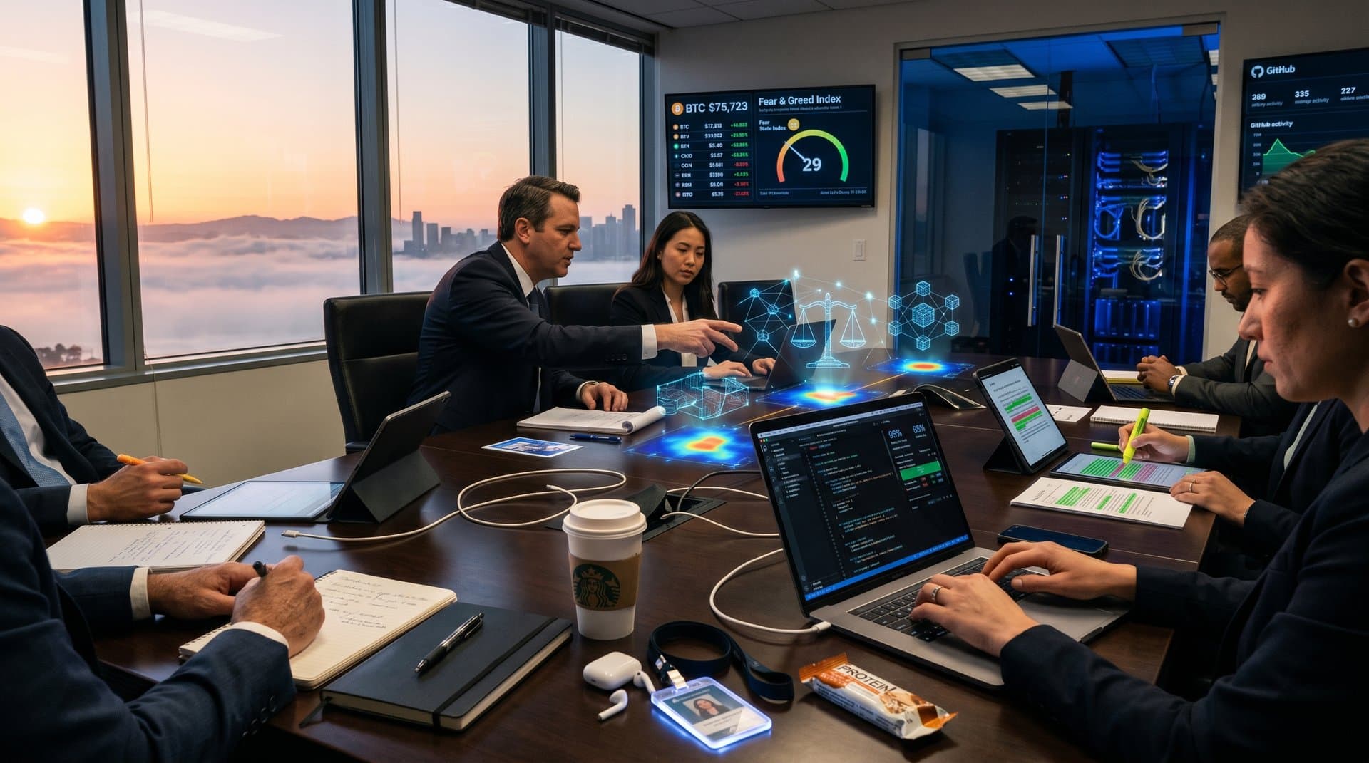 Professionals review AI-highlighted contracts in high-tech law firm conference room with market charts and innovation vibe