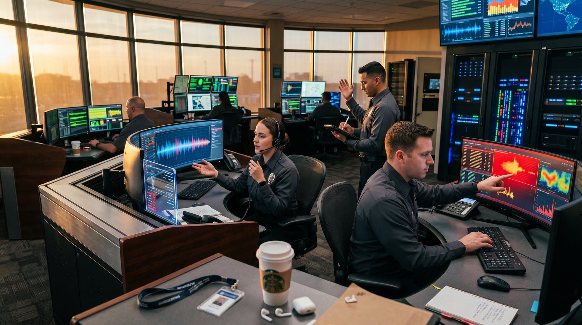 High-tech 911 dispatch center with glowing AI transcription screens, urgency maps, and data visualizations in a modern control room