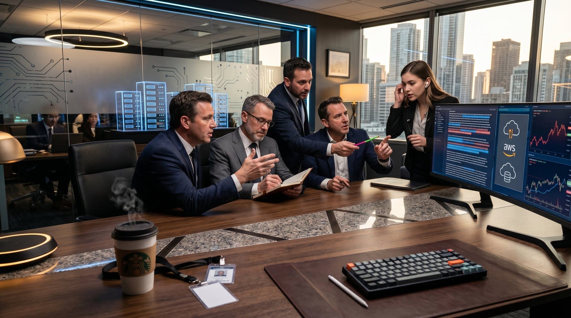 Modern office with screens showing AI-highlighted contracts, AWS elements, and crypto charts around a conference table