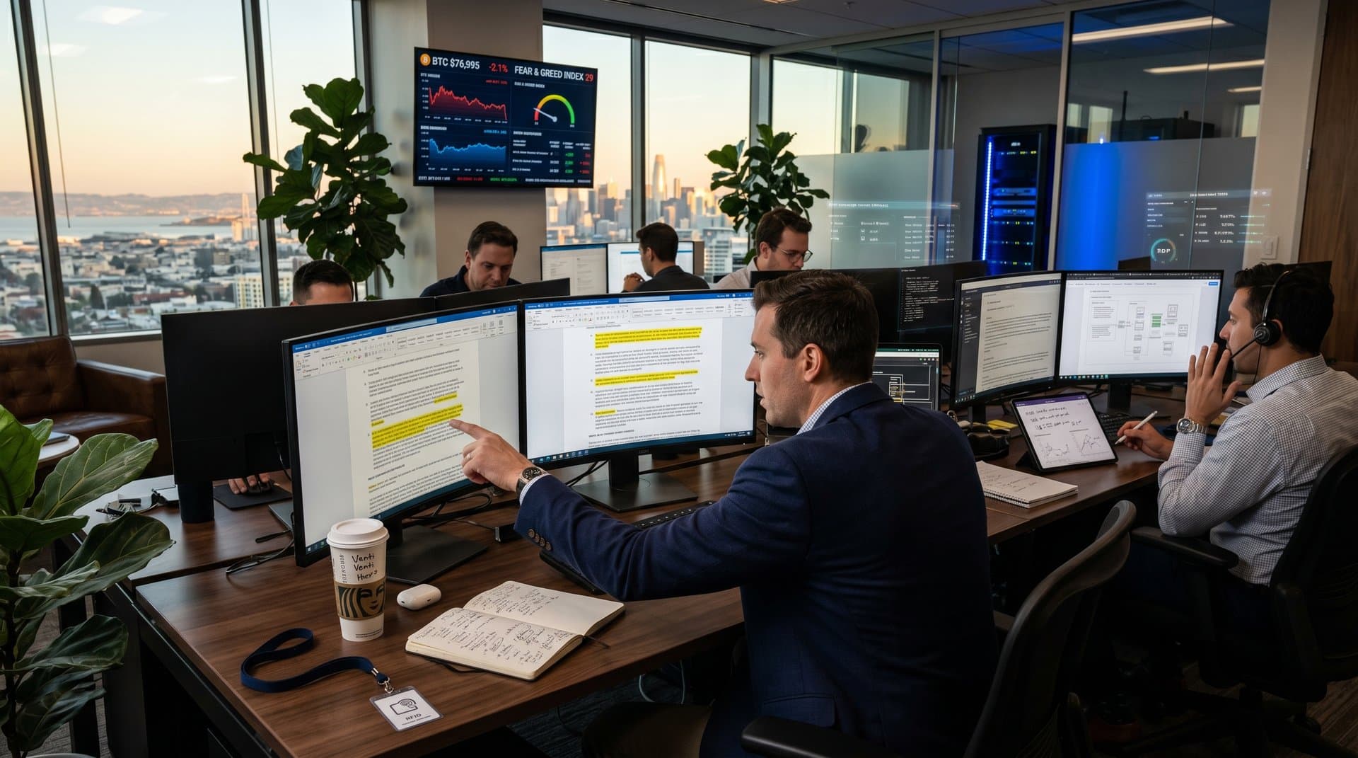 AI contract analysis workspace with highlighted documents on monitors and AWS visualizations on screens in modern office