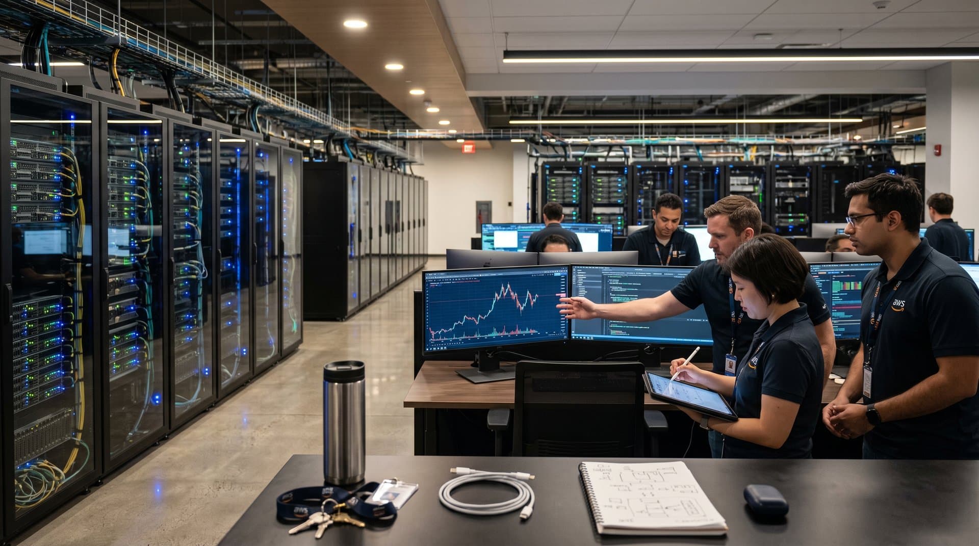 AI-annotated contracts on holographic displays in futuristic AWS data center with Bitcoin charts