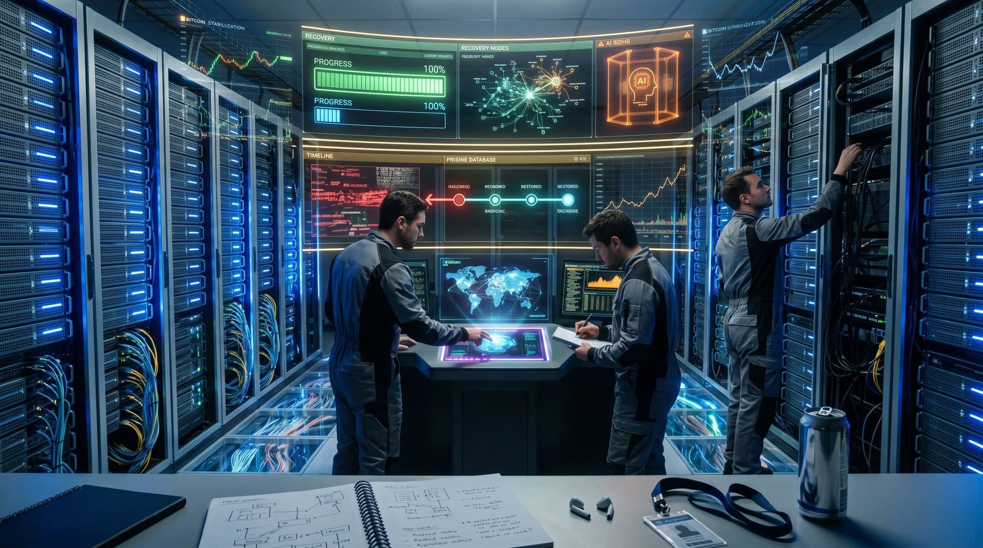 Data center with glowing servers and recovery screens highlighting cloud data recovery success