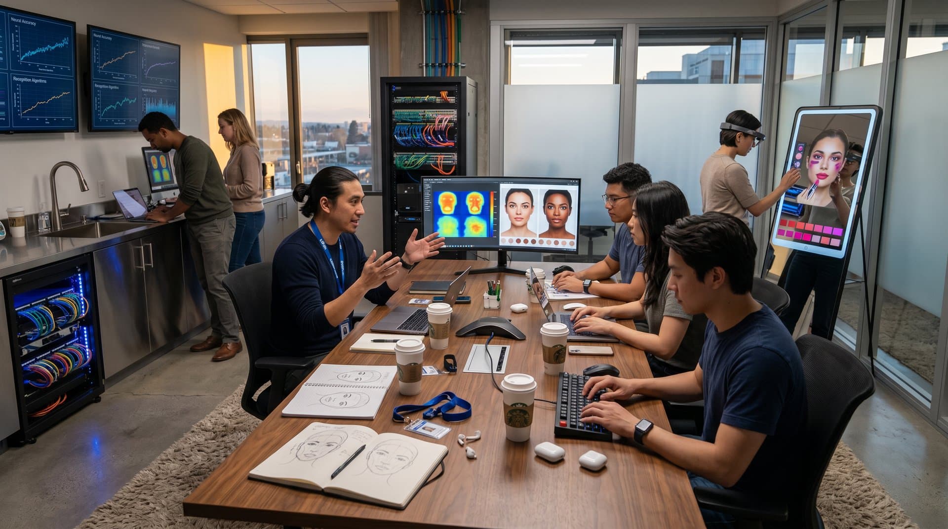 High-tech lab with AI cosmetics analysis on monitors, smart mirrors, and servers in modern workspace