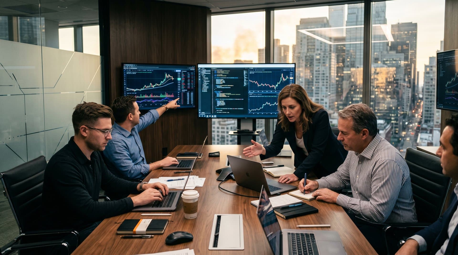 Executive conference room with AWS dashboards showing AI-annotated contracts and live crypto charts against city skyline