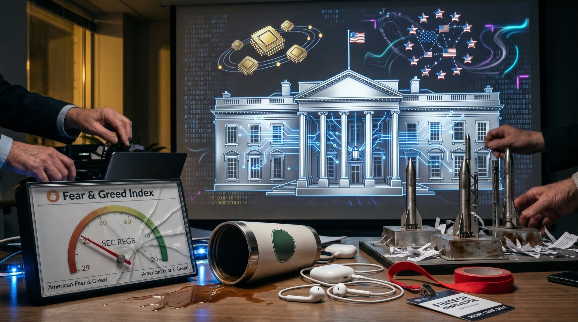 Digital White House blueprint with AI networks, Fear Index at 29, and startup icons navigating regulations