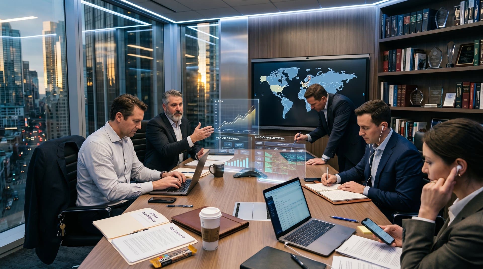 Holographic AI M&A risk charts and Bitcoin ticker in modern conference room with city skyline view
