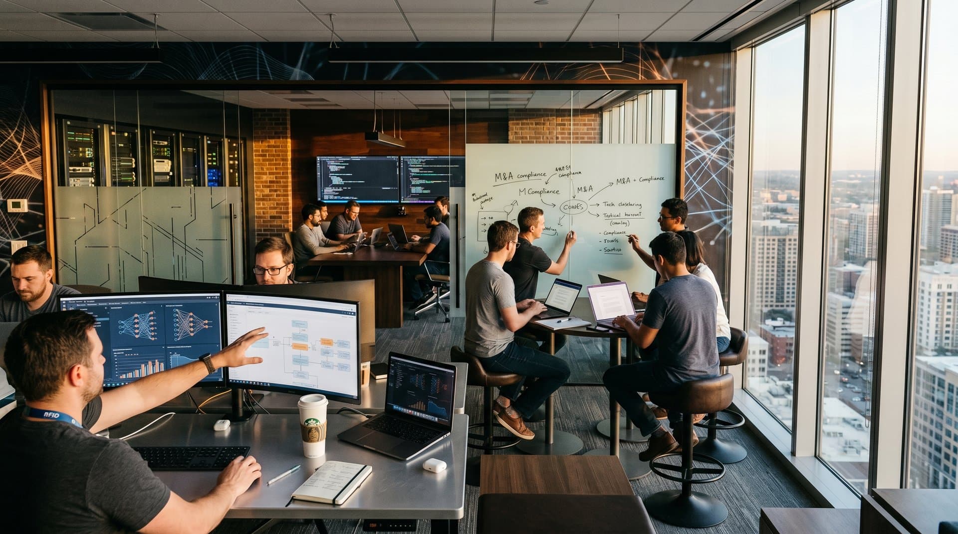 Tech office with AI screens, merger charts, and collaboration on regulatory dashboards