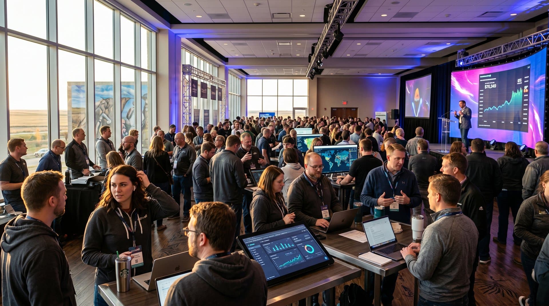 IgniteND Conference hall in North Dakota with AI edtech demos, BTC charts, and rural-urban collaboration