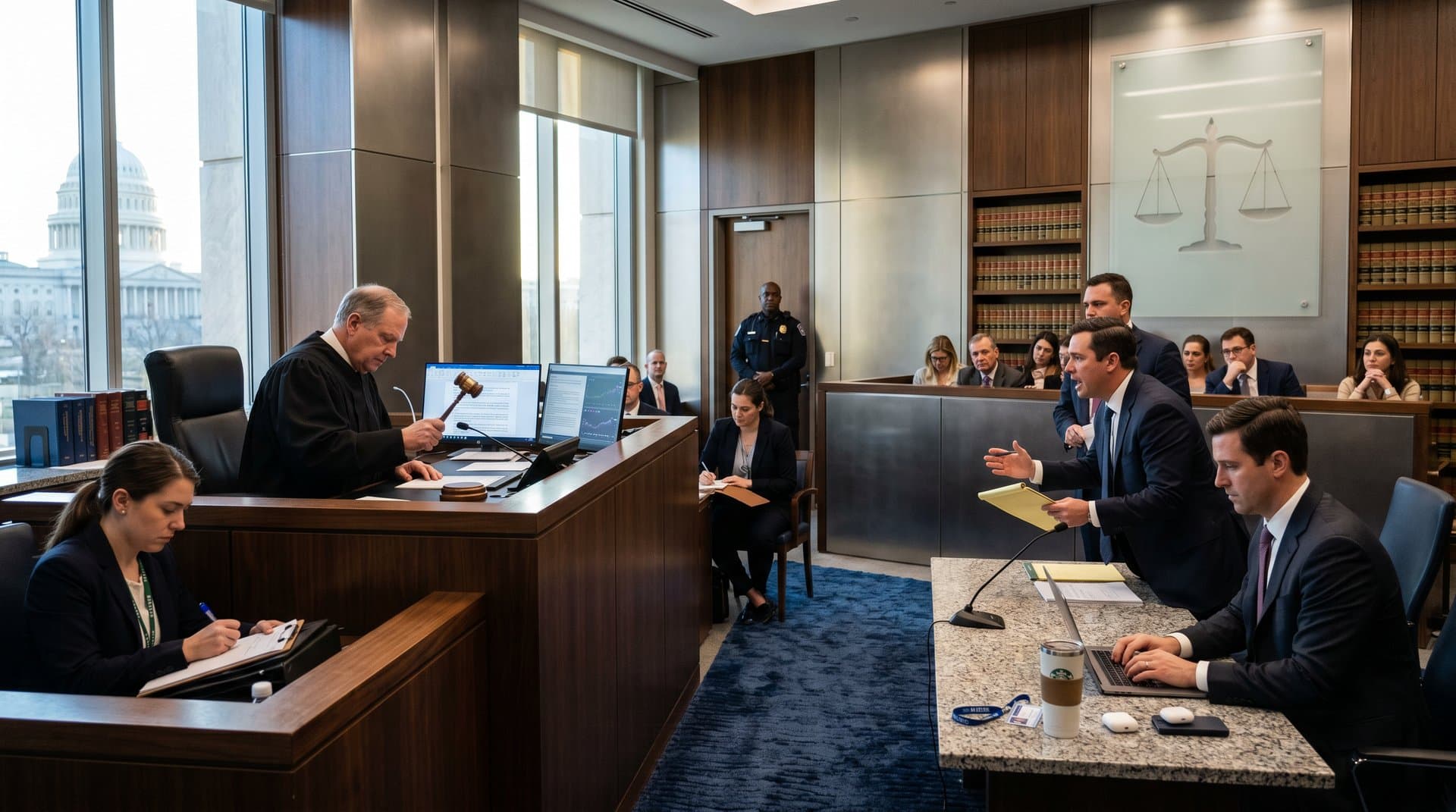 Courtroom desk with AI monitors and BTC charts in wood-paneled chambers evoking judicial tech integration