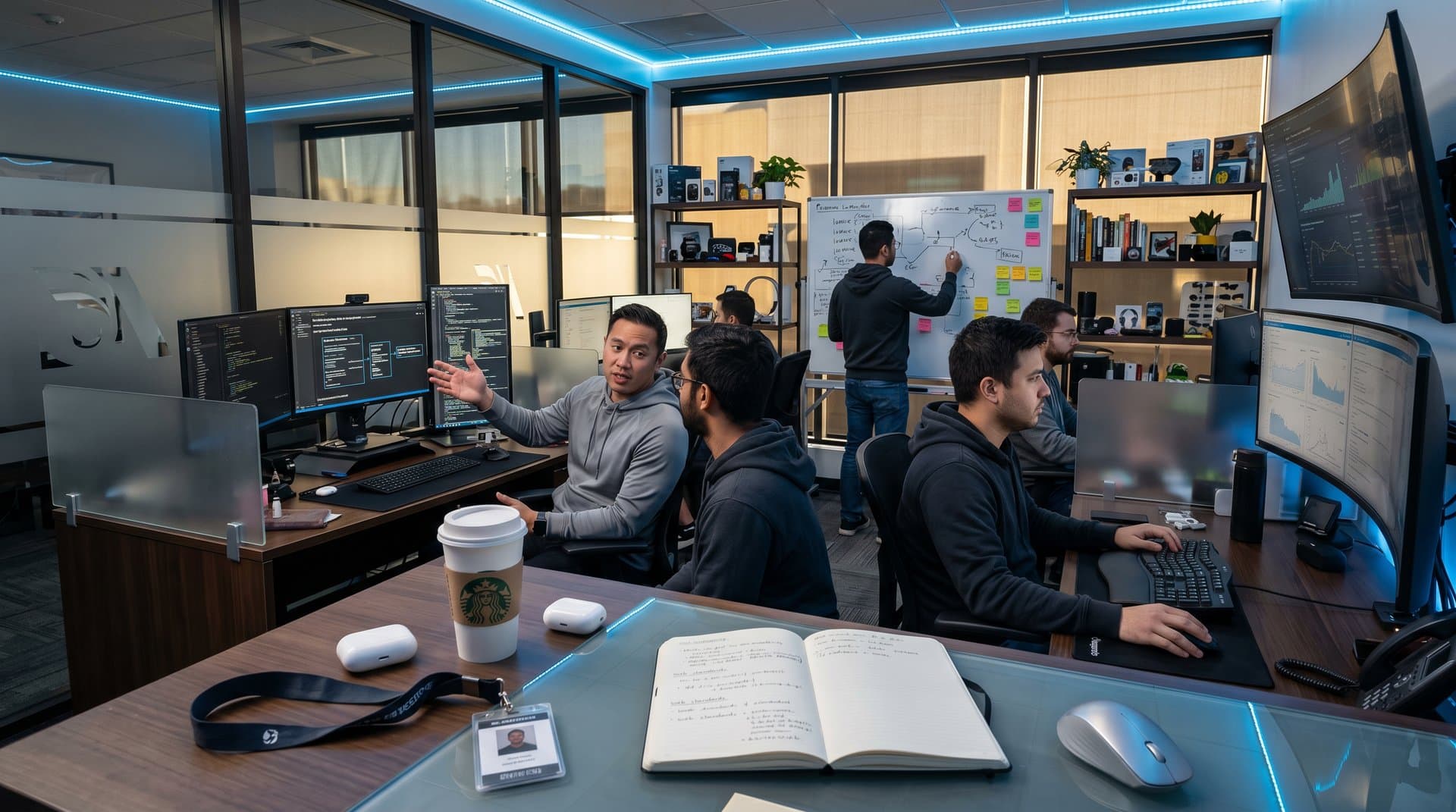 Tech office with monitors showing Prompt API code, AI diagrams, whiteboards, and crypto charts