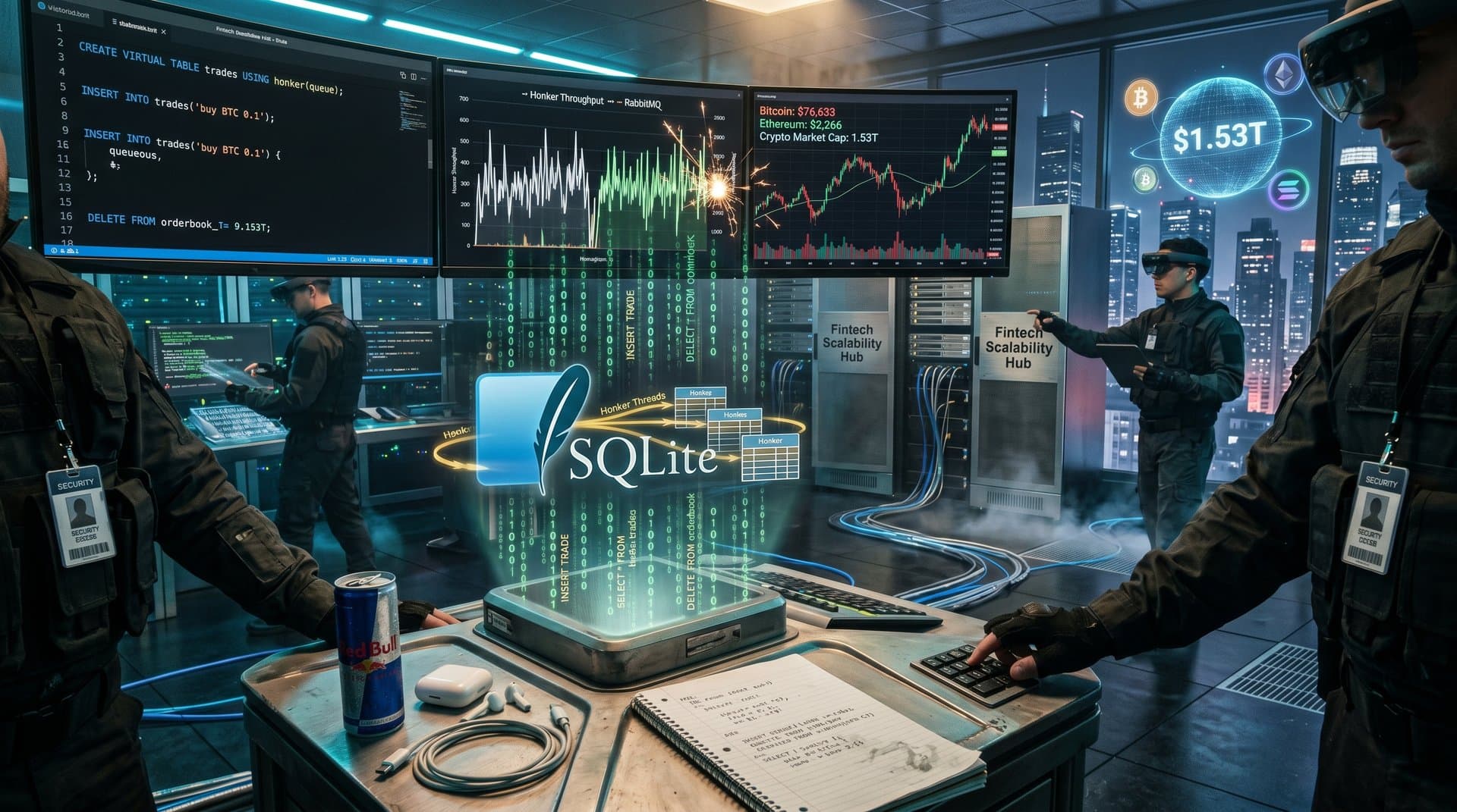 Glowing data center screens displaying Honker durable queues in SQLite with crypto charts and server scalability visuals