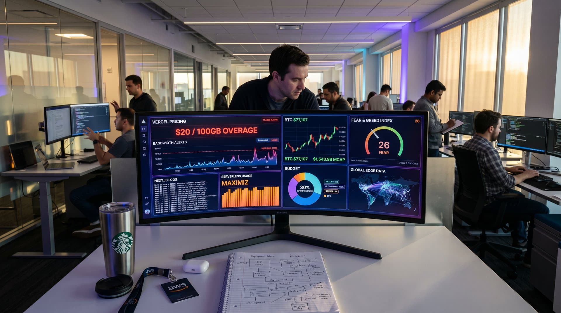 Vercel pricing dashboard with bandwidth graphs, Next.js code, BTC chart at $77K, and serverless metrics in high-tech dark mode UI