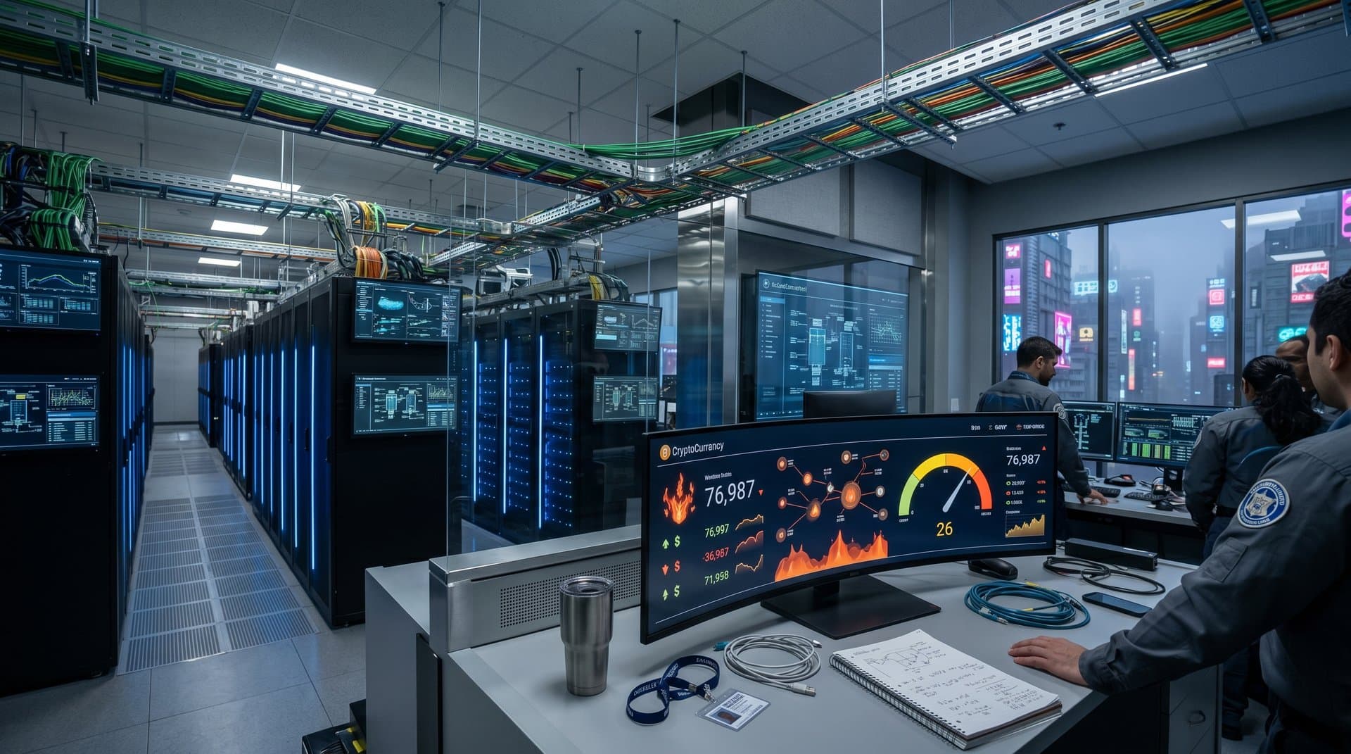 Data center with server racks, fiber cables, and displays of blockchain and AI agent cybersecurity dashboards
