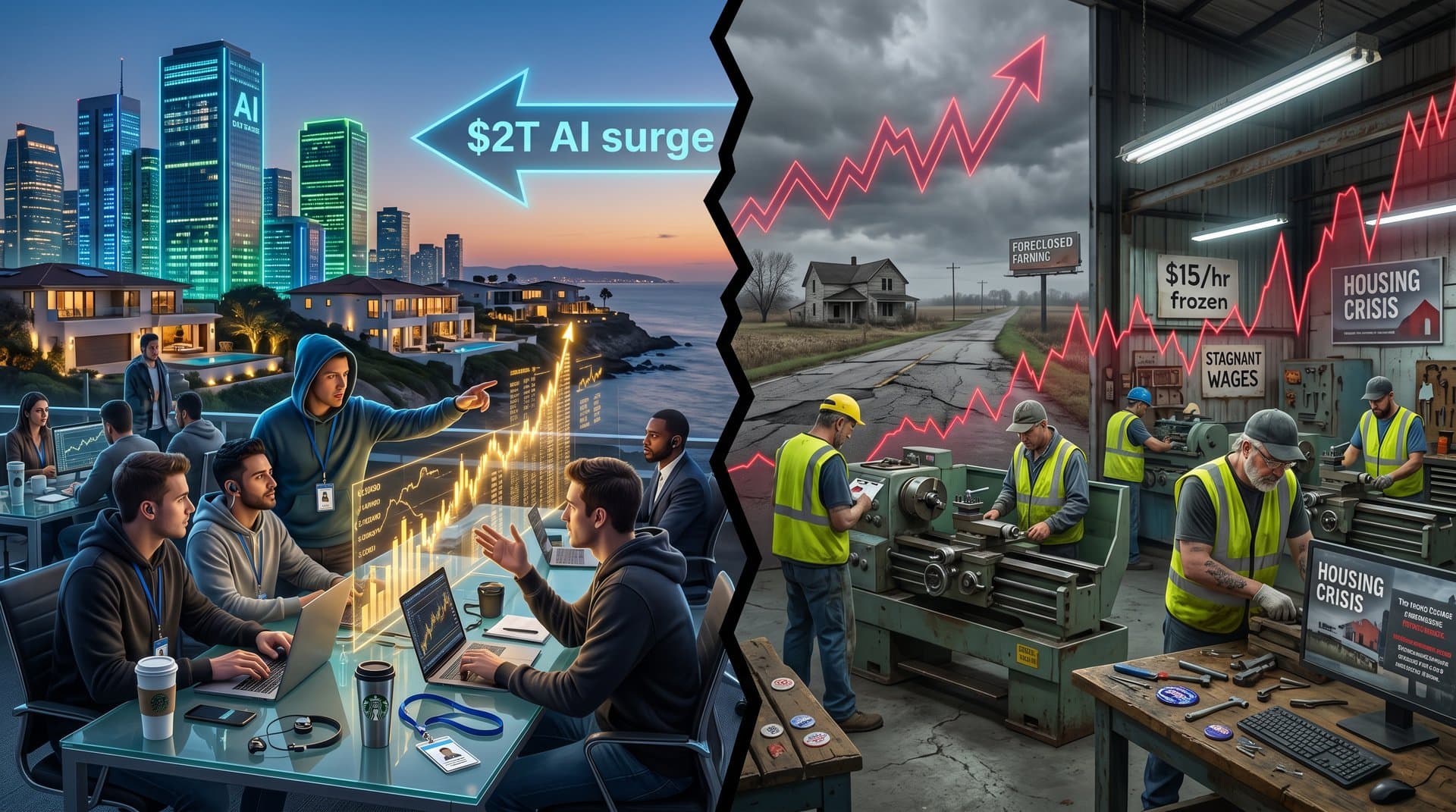 Split-screen of Silicon Valley AI tech boom versus heartland economic stagnation, with gadgets, stock charts, and housing contrasts in cyberpunk style