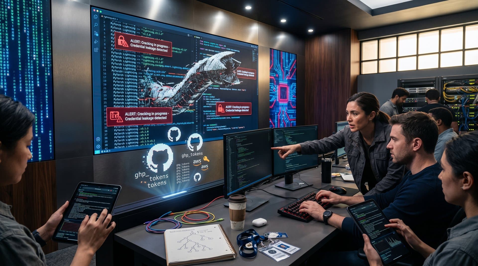 Digital Shai-Hulud sandworm emerging from PyTorch Lightning code in dark IDE with malware alerts, GitHub, AWS credential icons in cyberpunk security theme