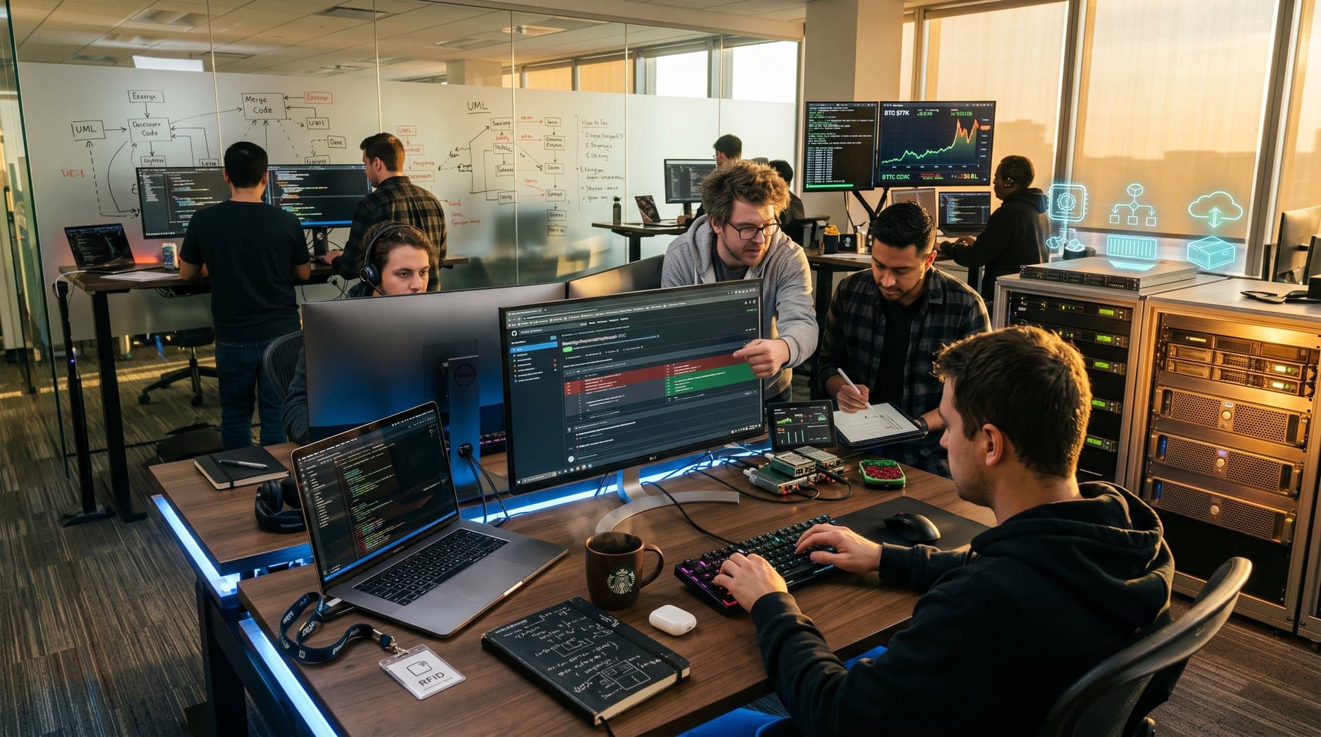 Developers reviewing GitHub PRs and Raspberry Pi metrics in a modern office with crypto price charts and cloud dashboards