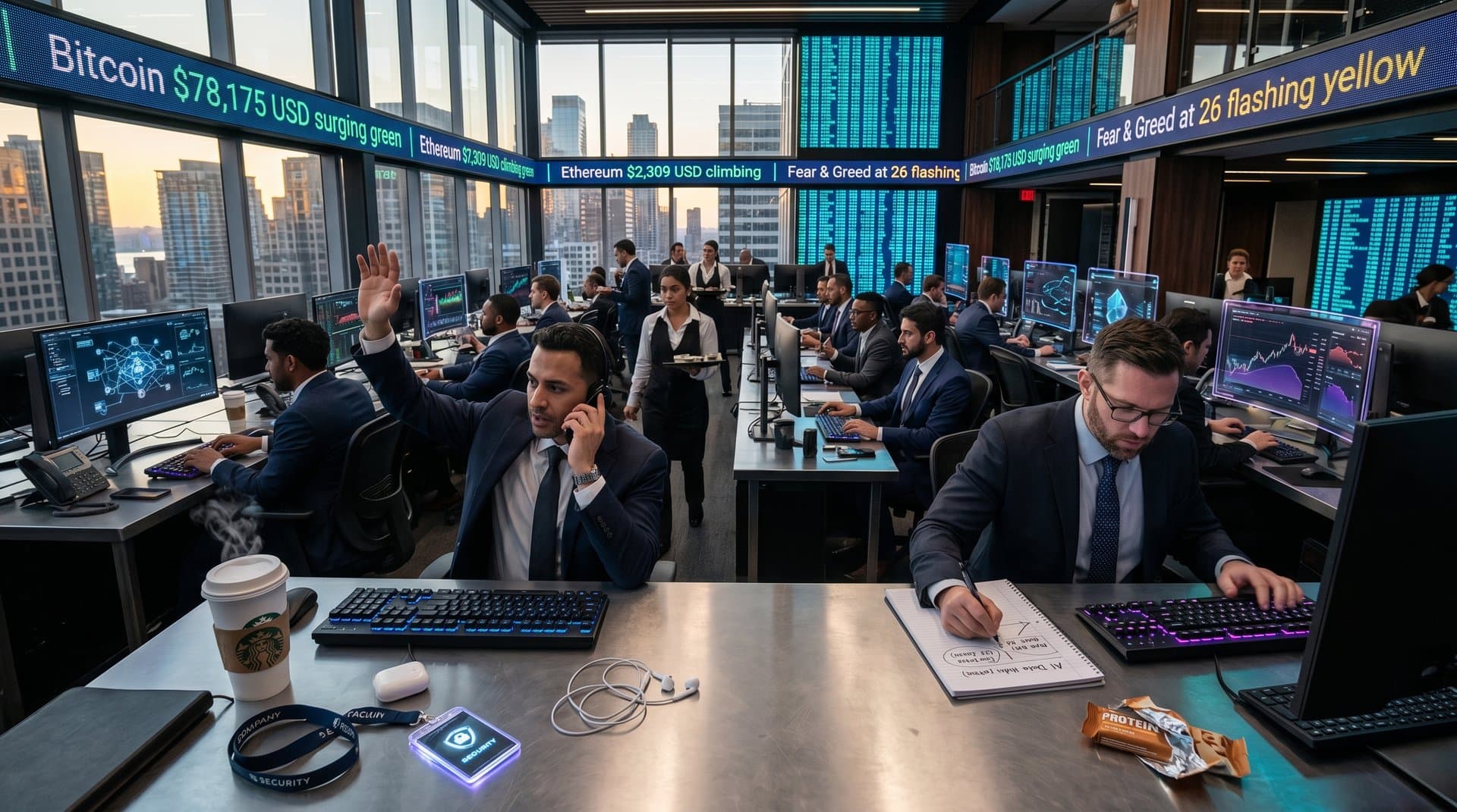 Trading floor shows Bitcoin at $78K, Ethereum prices, AI divide maps amid blockchain activity.