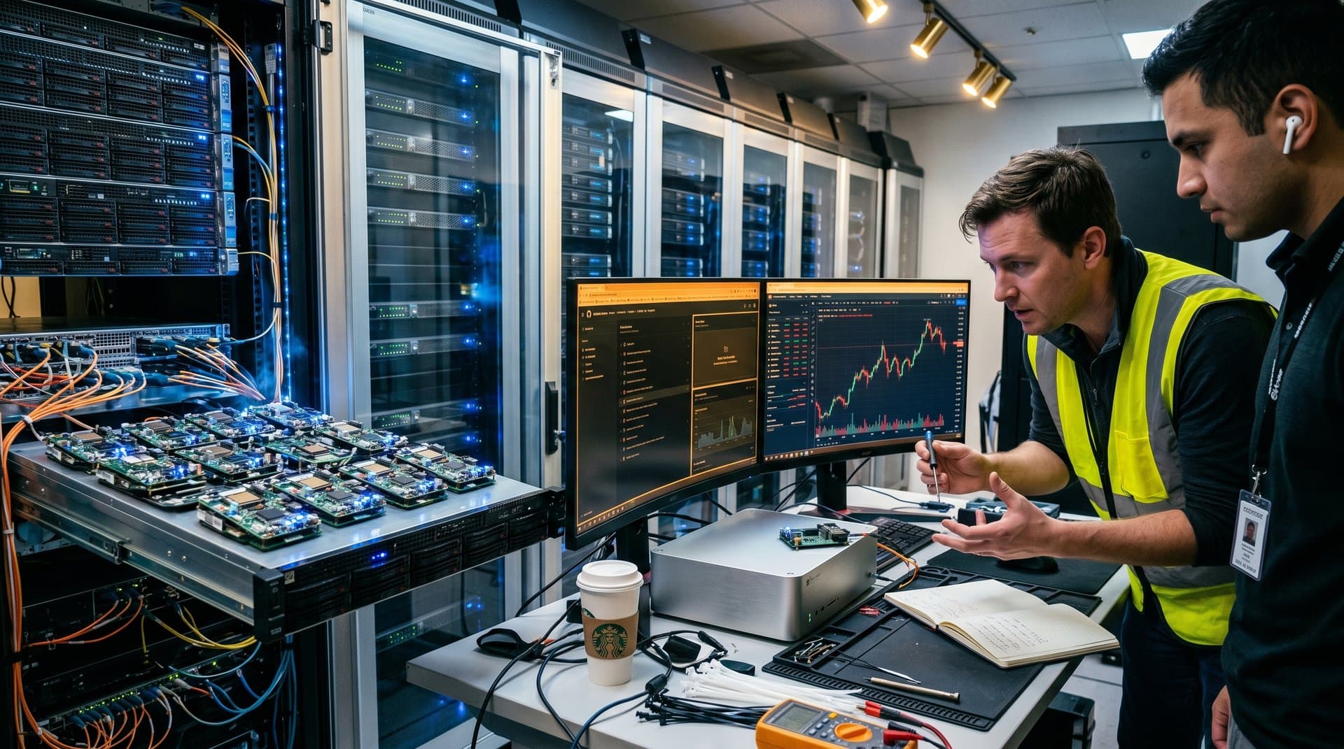 GhostBox disposable gadgets integrated in data center server racks with cloud dashboards and crypto charts