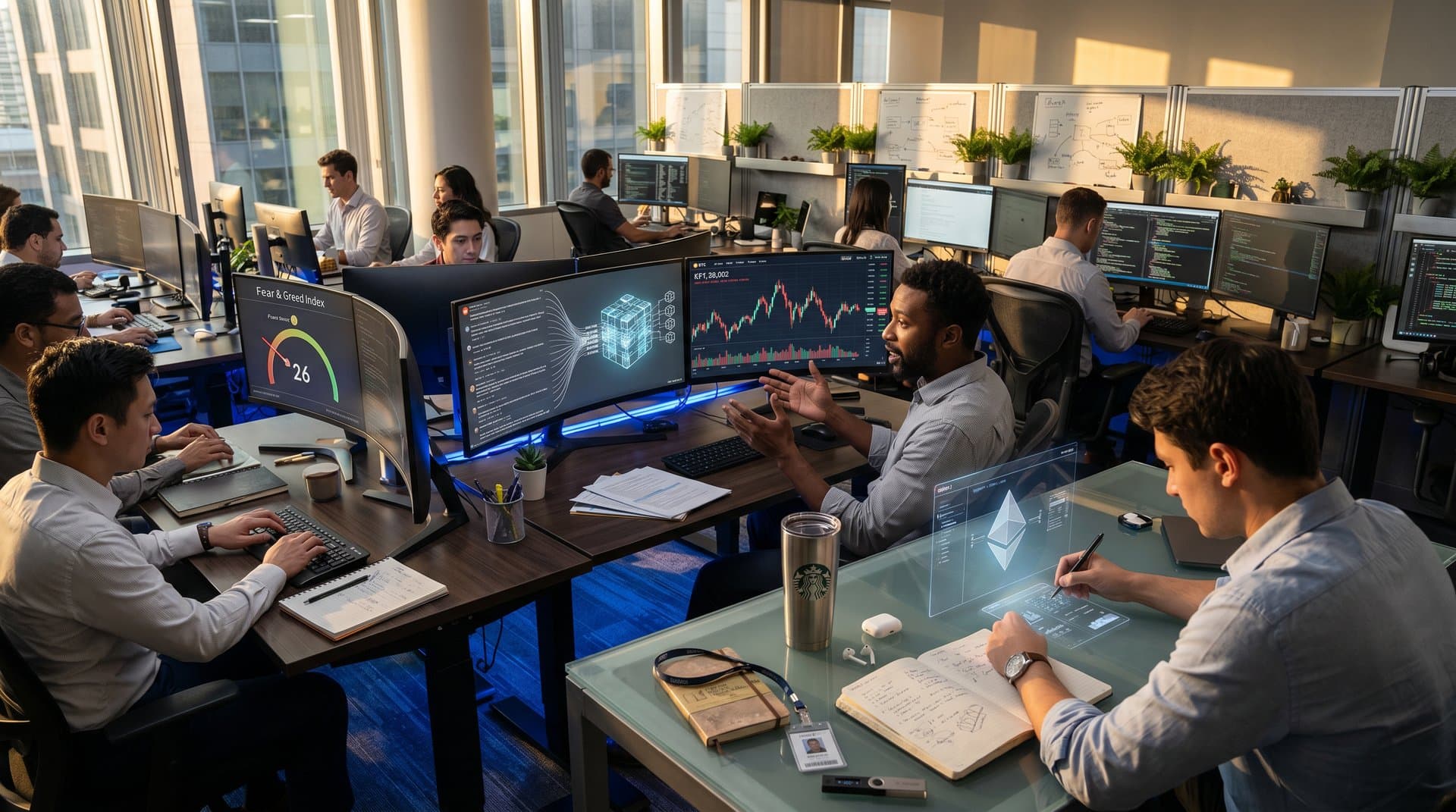 Screens displaying AI networks, Reddit data flows, blockchain visuals, and BTC price surge in innovative tech office