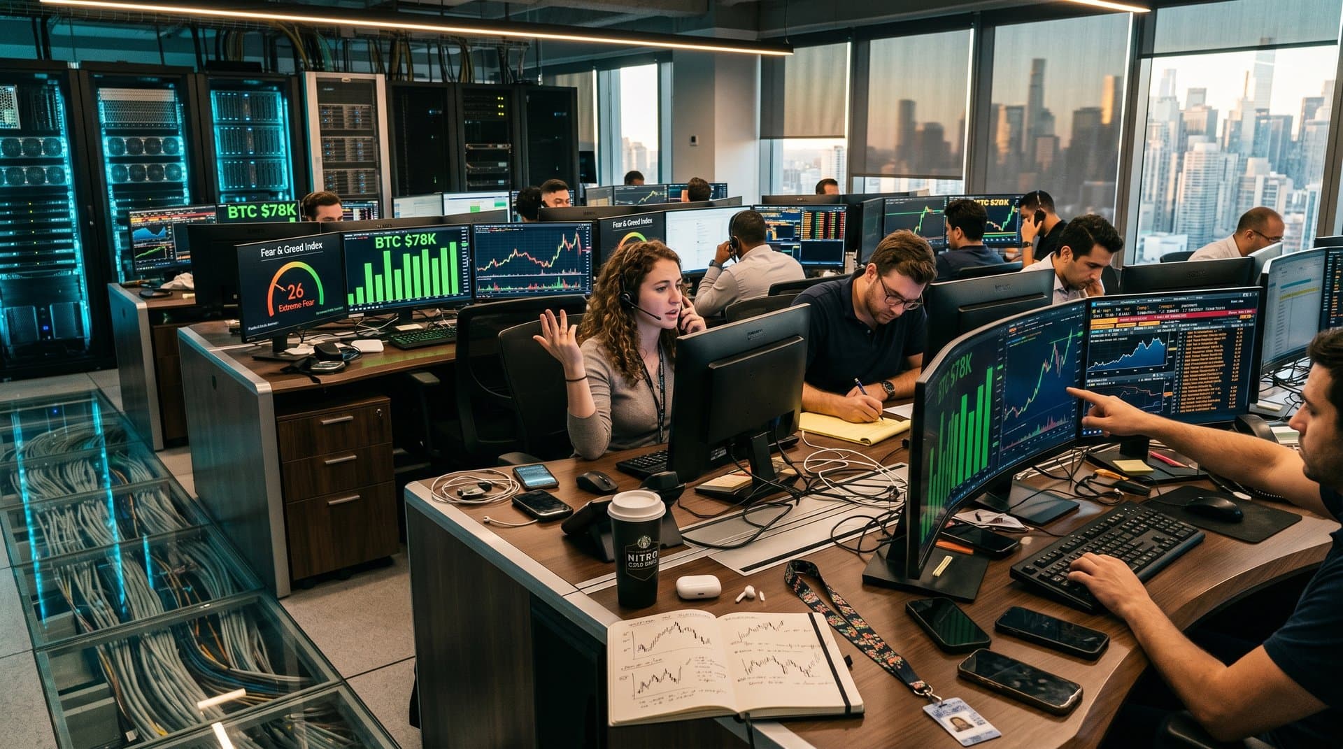 Trading floor monitors display Bitcoin price at $78K and cloud server infrastructure in background