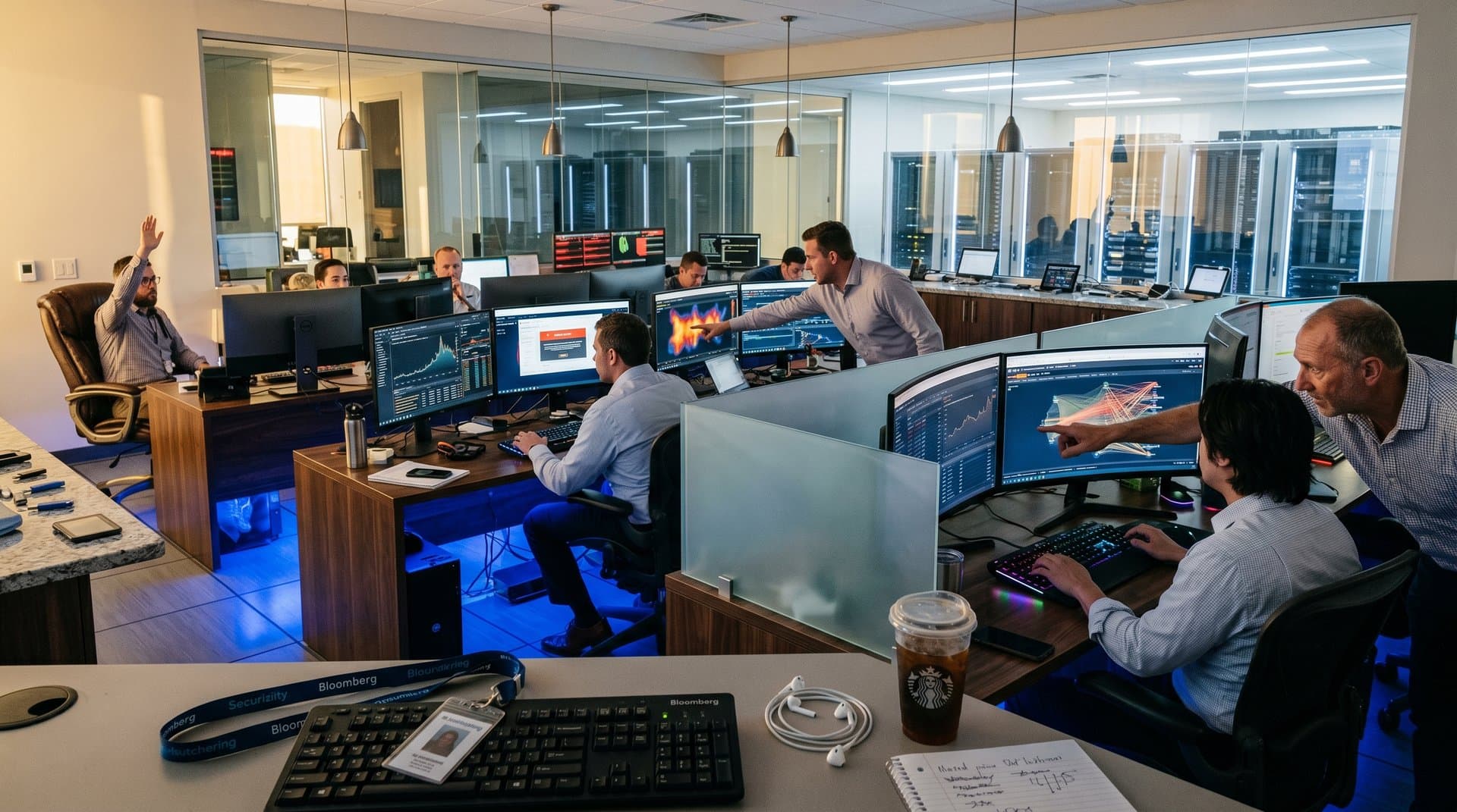 Cybersecurity analysts monitor scam alerts on multi-monitor setups in a high-tech Tier IV data center operations center with blockchain graphs and server racks