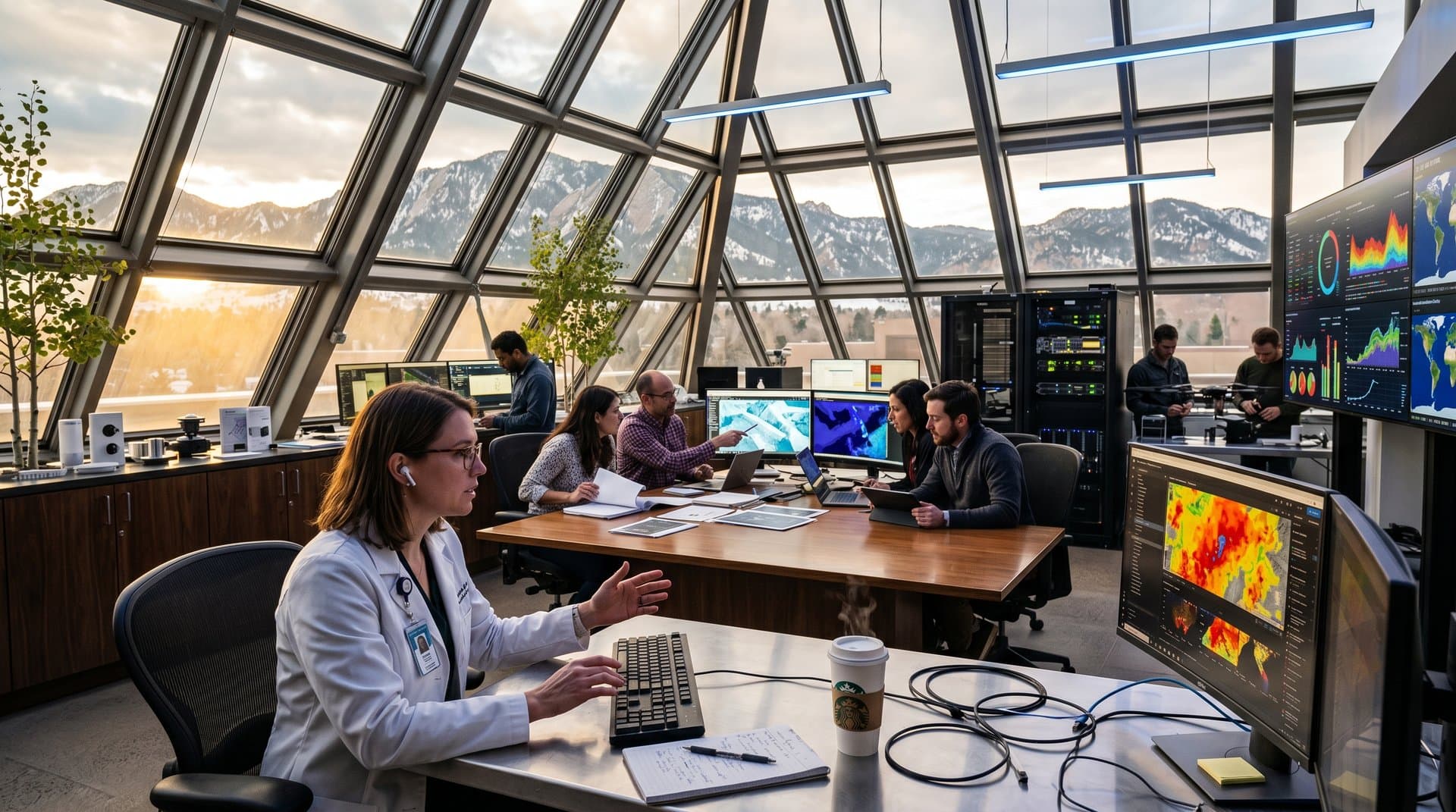 Meteorologists at NCAR Mesa Lab in Boulder analyze AI weather models on multi-monitor setups with mountain views in modern facility