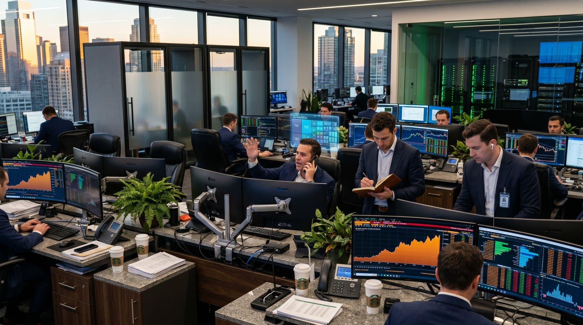 Trading floor desks with QuickSight S3 Tables dashboards showing BTC analytics and crypto charts amid city skyline view