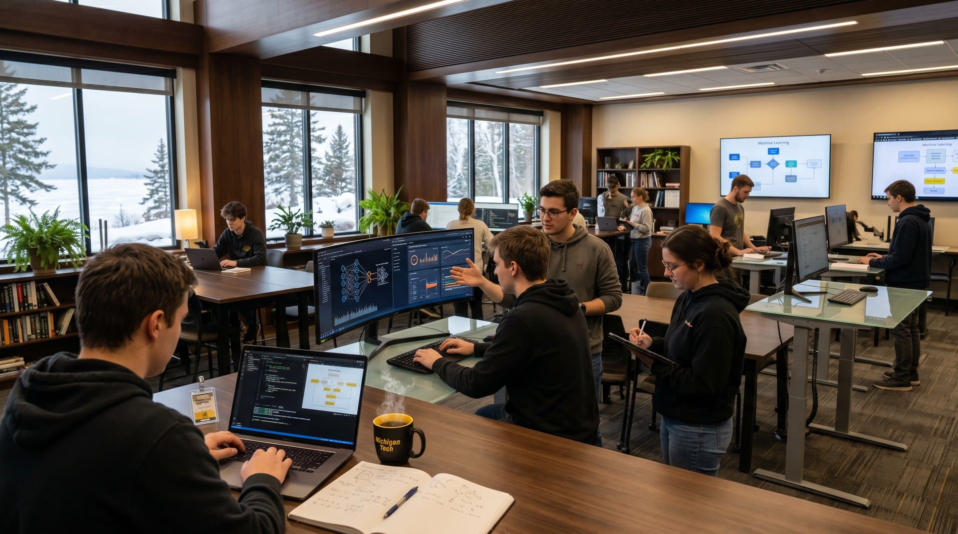 Students in Michigan Tech AI lab with neural networks on screens, algorithms on boards, and campus views