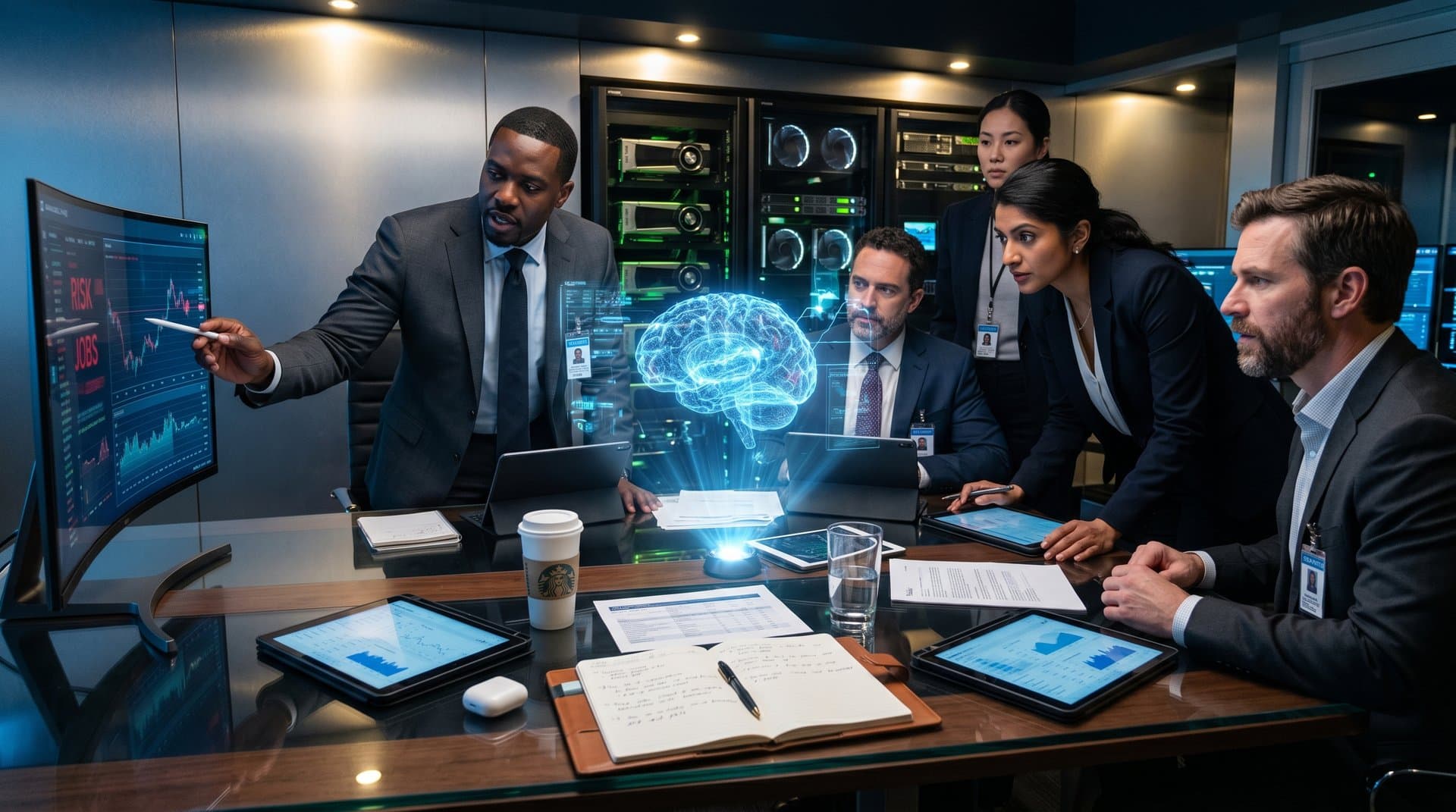 Holographic AI job disruption stats and crypto tickers in a modern finance-tech office