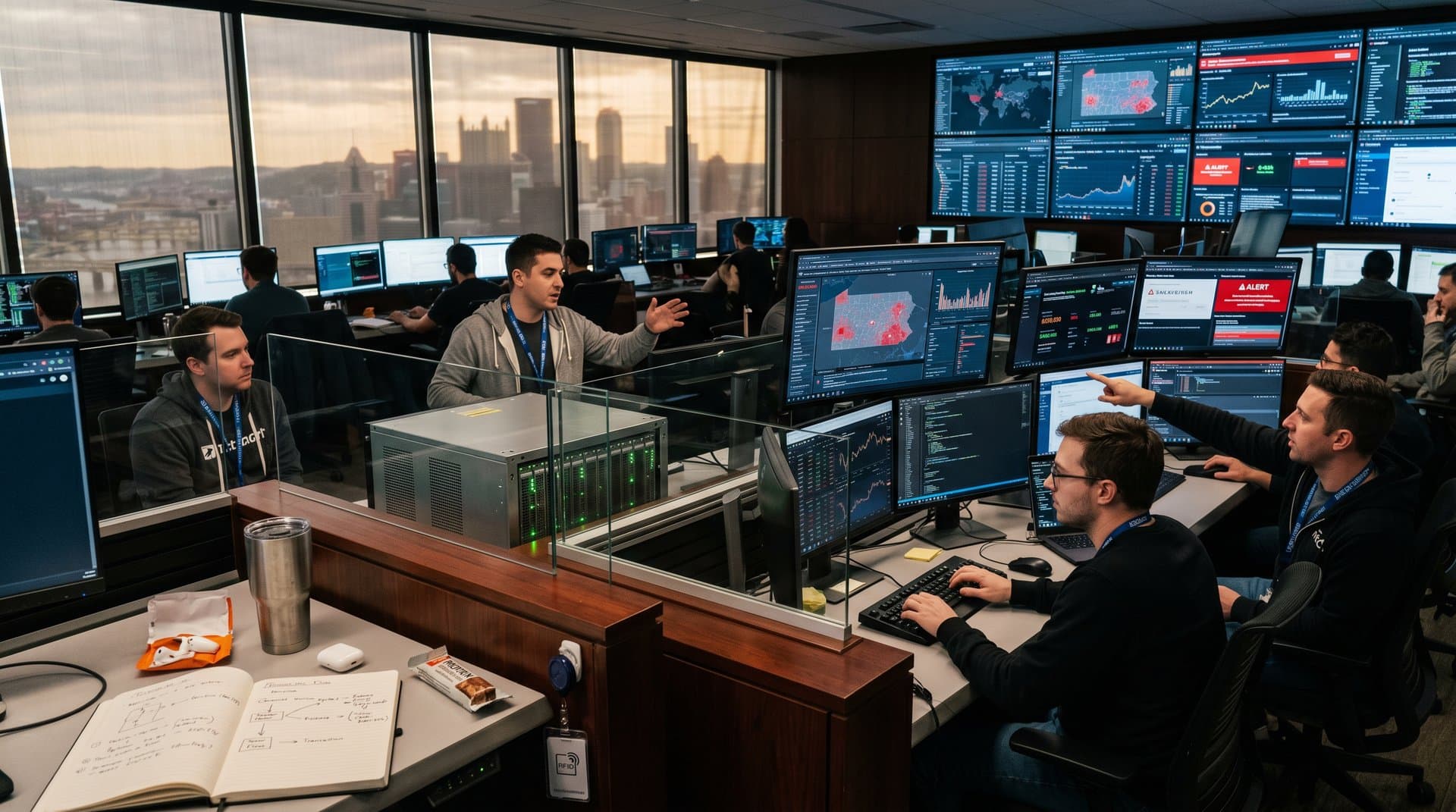 High-tech screens show Bitcoin charts, scam alerts, and blockchain data in cybersecurity center fighting Pennsylvania crypto scams