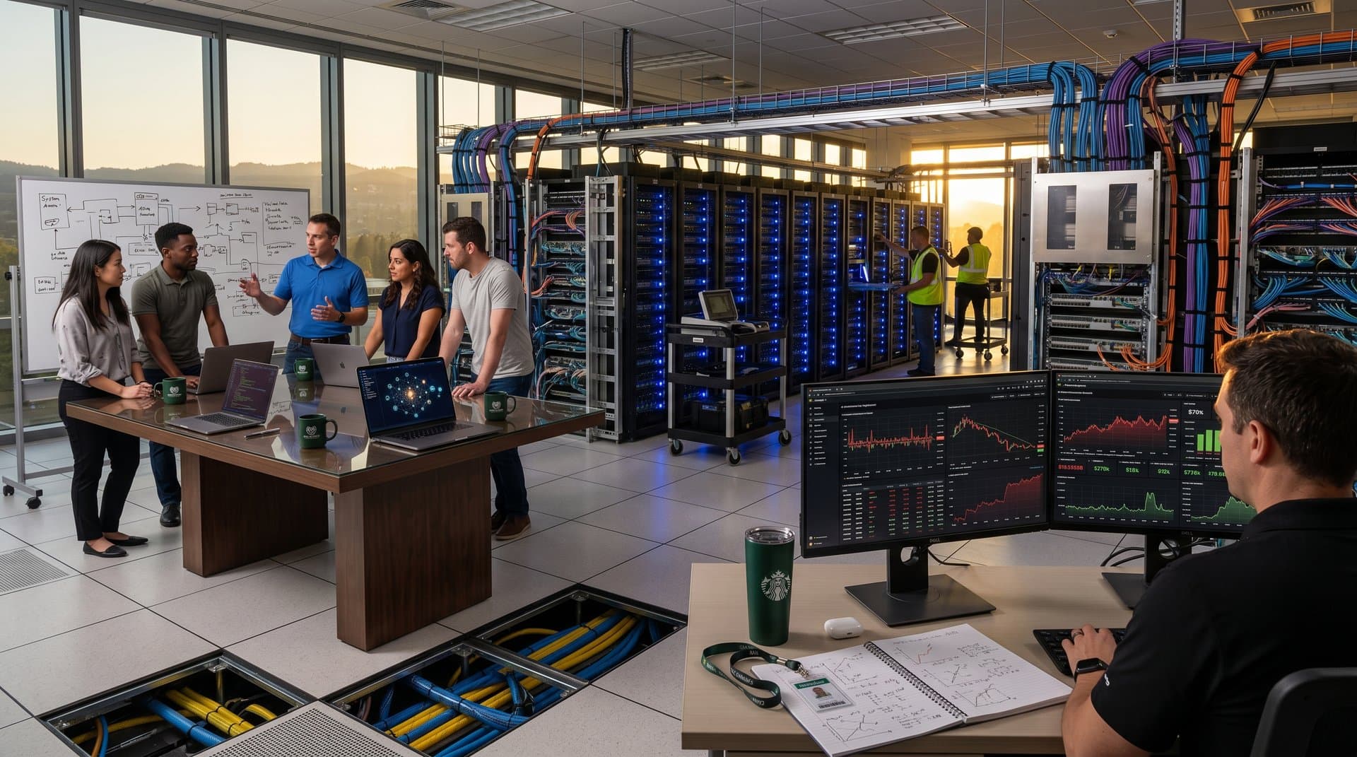Engineers and data scientists collaborate amid glowing GPU server racks in a premium Tier IV cloud data center with monitors and cooling systems