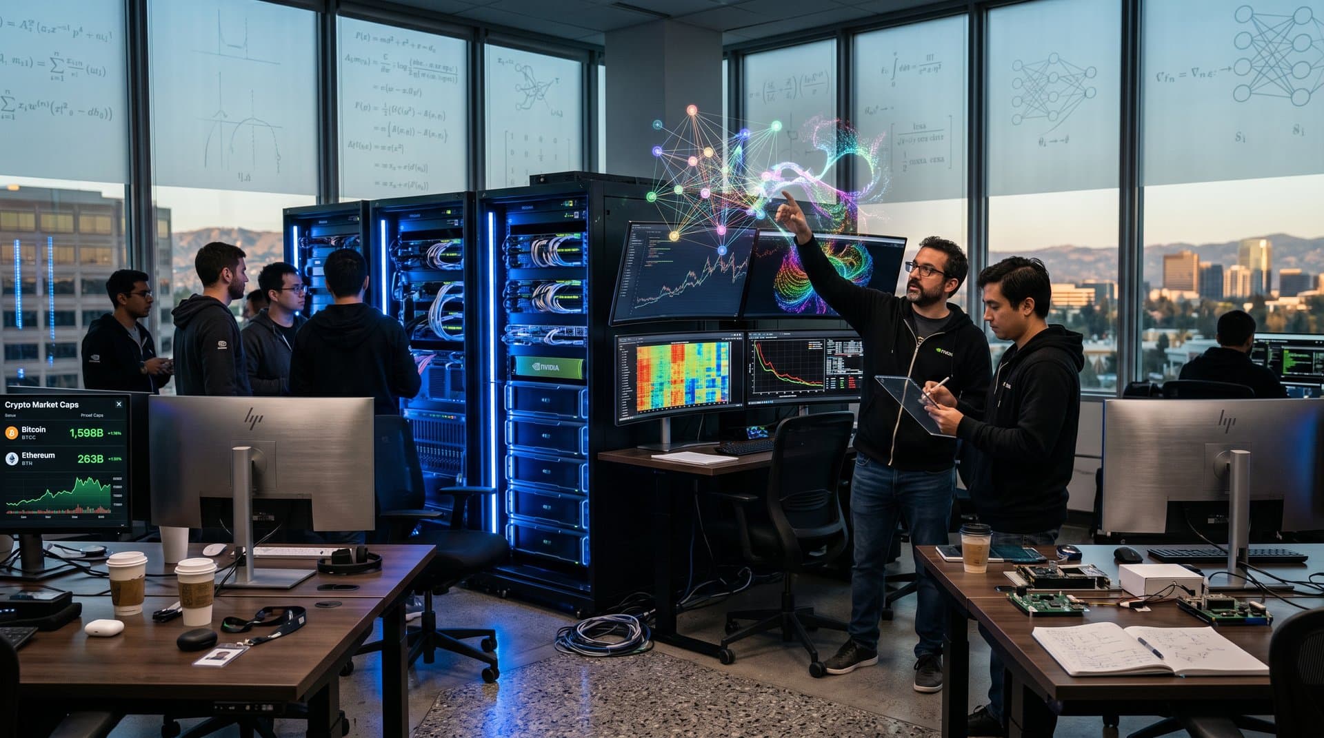 Abstract AI data processing visualization with neural networks, blockchain streams, GPU racks, and crypto market displays in high-tech lab