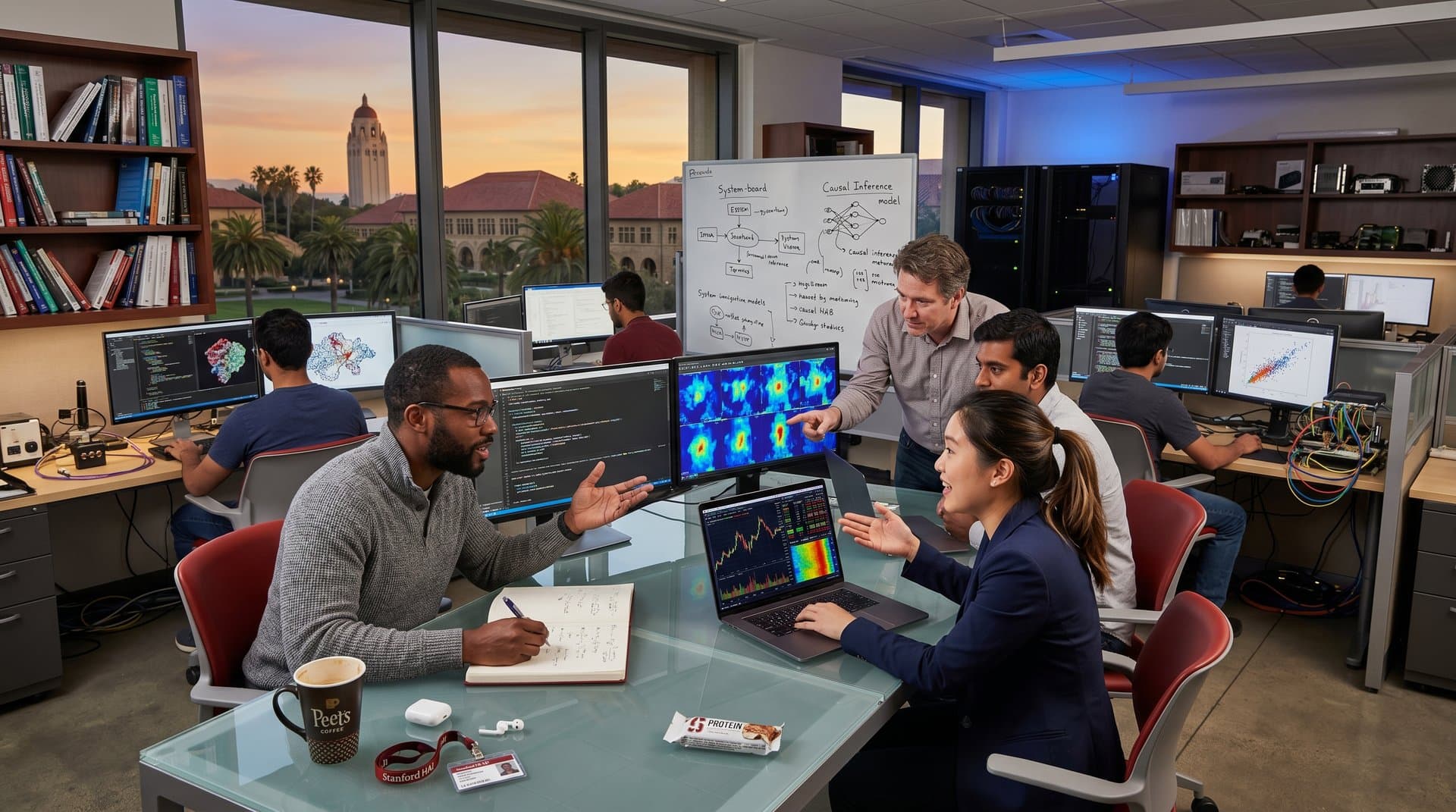 Modern Stanford AI lab with data scientists at multi-monitor desks displaying neural networks, team collaboration, and campus view through windows