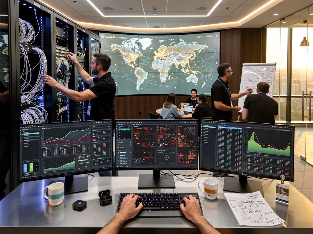 Engineers at consoles monitor server racks and data flows on video walls in a modern Google Cloud data center operations hub