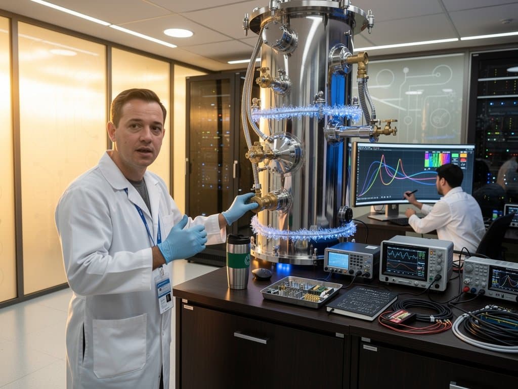 Quantum lab dilution refrigerator and qubit data monitors in high-tech workspace with server racks and circuit patterns